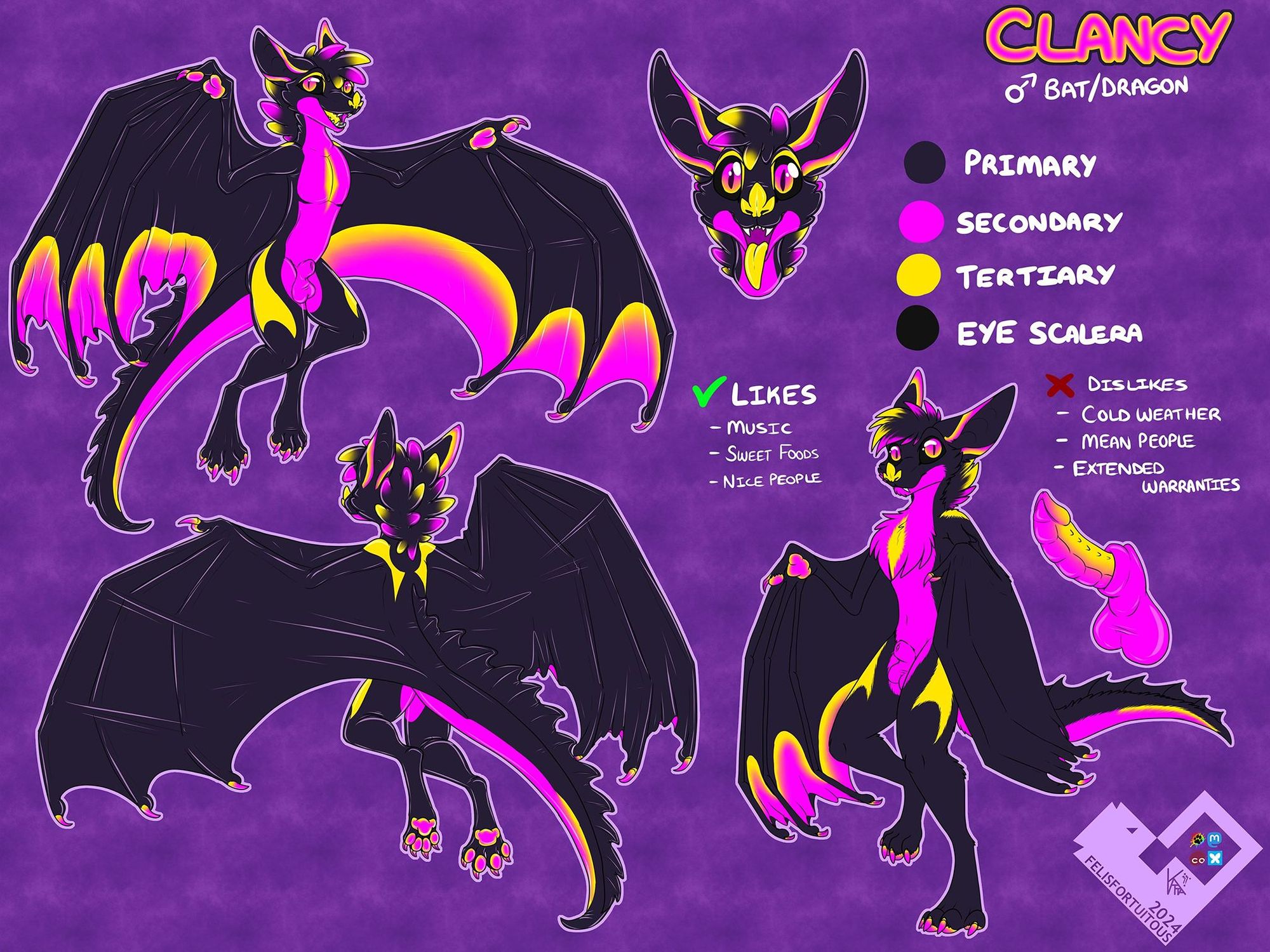 digital art reference of a bat dragon hybrid made of rubber. They are very dark purple, with neon pink and yellow markings. The penis is also neon pink with a top fade of the neon yellow. There's also a regular fuzzy version of the OC.