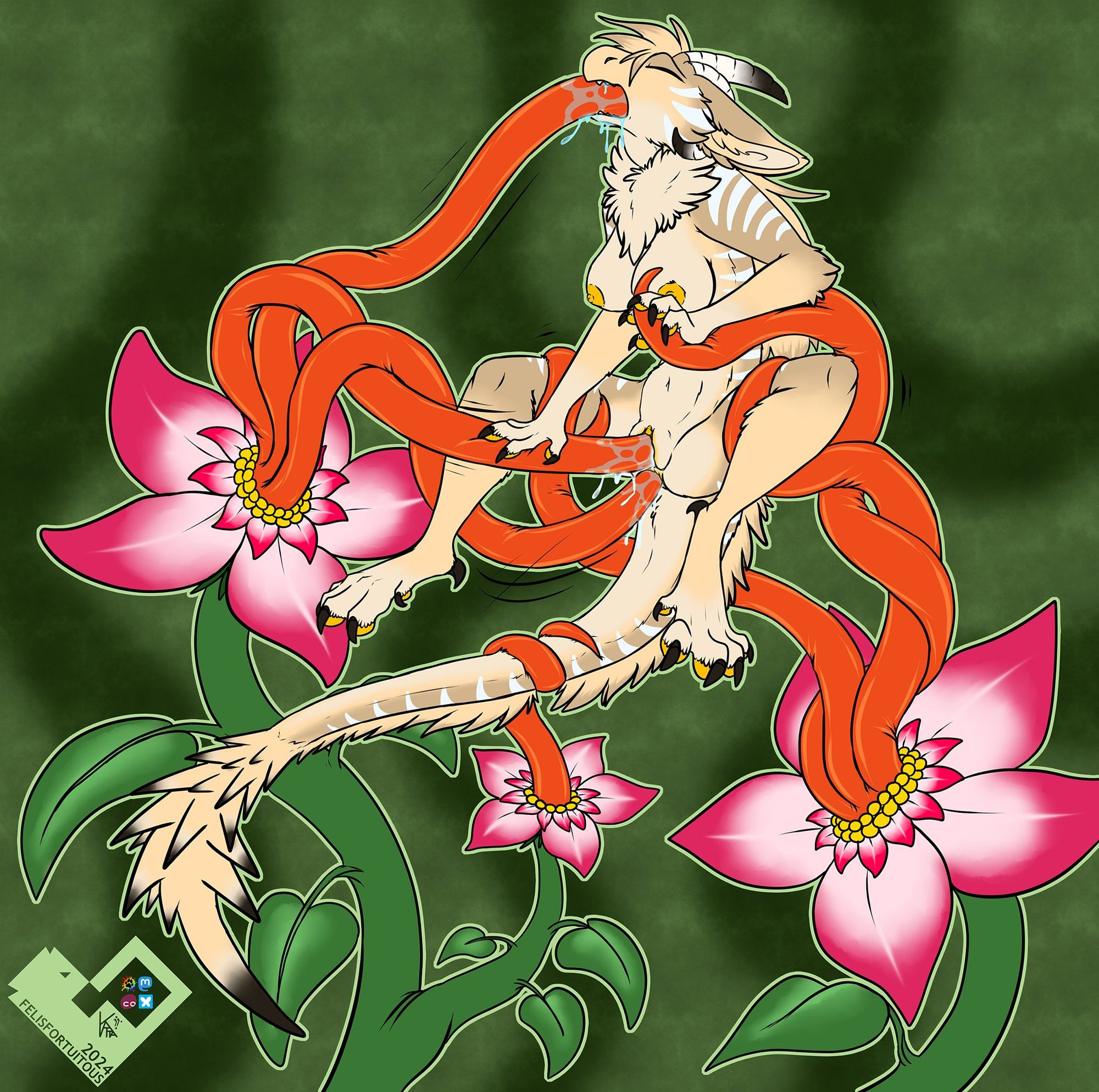 digital art of a tan furred dragon character, currently being held up and used by several huge pink/white flowers with orange tentacles coming out of their centers. She is penetrated both vaginally and anally along with orally.