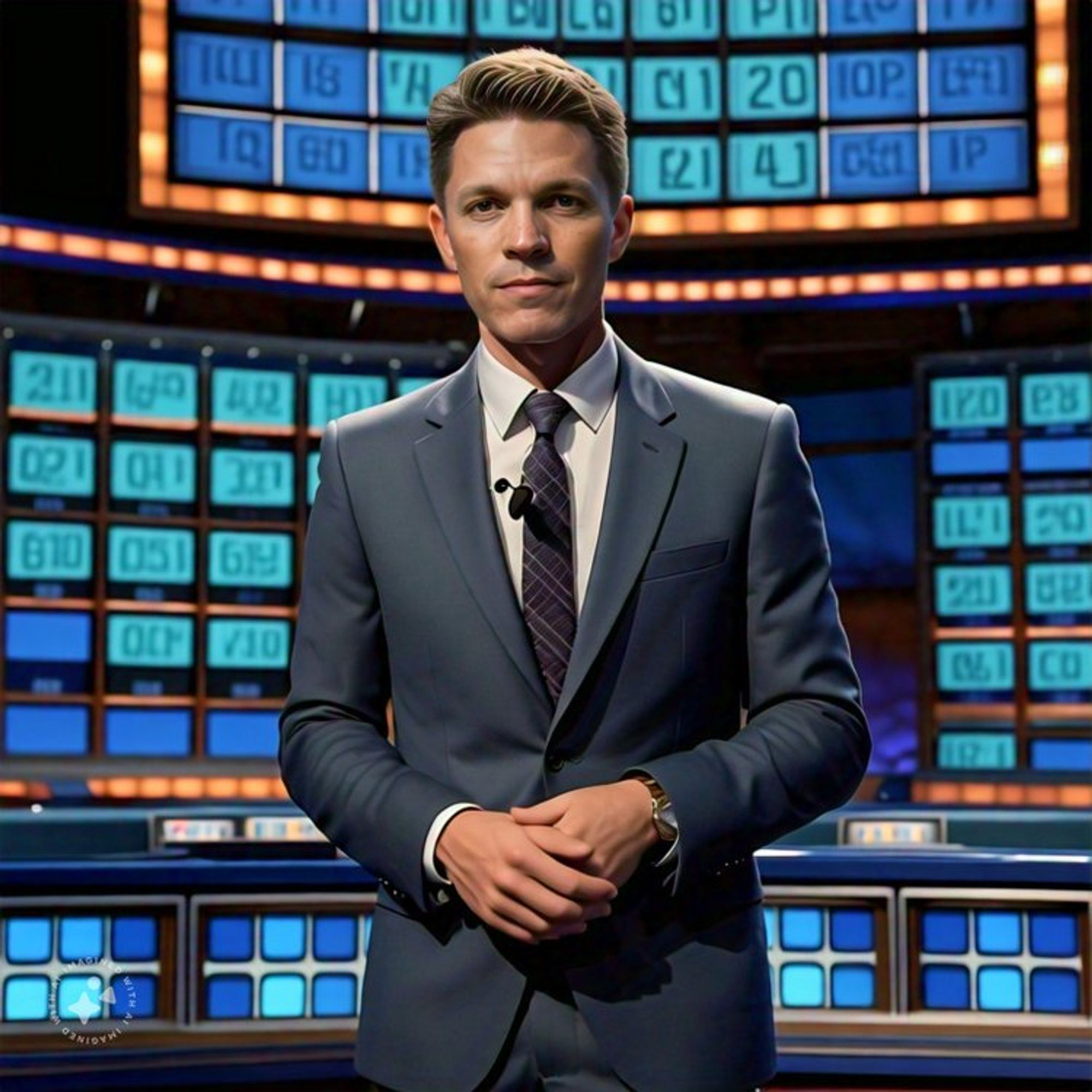 AI generated photo of Tony Vincent wearing a suit standing in front of game show screens. Generated with Meta AI.