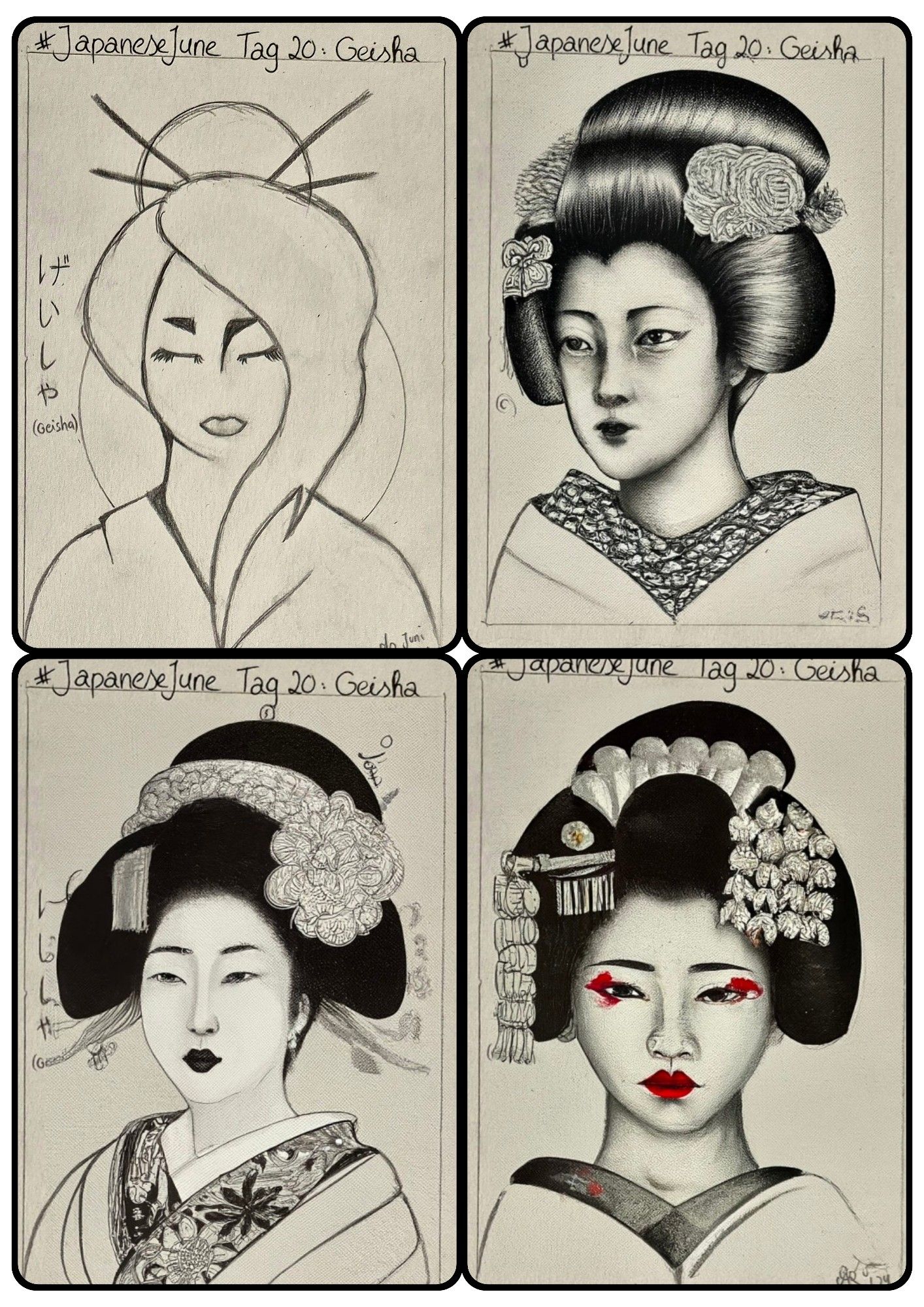 Collage aus 4 Geishas.
Oben links ist meine Skizze, die anderen 3 sind KI generierte Bilder. Alles in schwarz/weiß, nur die letzte Geisha hat rote Lippen und an den Augen roten Lidschatten