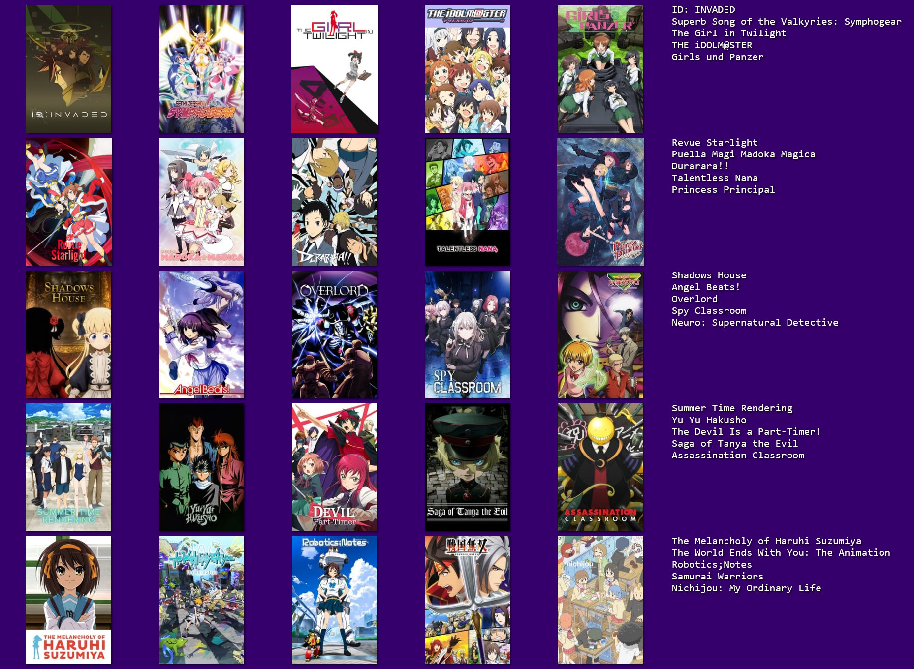 25 anime I like. Left to right from the top row: ID Invaded, Symphogear, Girl in Twilight, The Idolmaster, Girls und Panzer, Revue Starlight, Madoka Magica, Durarara, Talentless Nana, Princess Principal, Shadows House, Angel Beats, Overlord, Spy Classroom, Neuro Supernatural Detective, Summer Time Rendering, Yu Yu Hakusho, Devil is a Part-Timer, Saga of Tanya the Evil, Assassination Classroom, Haruhi Suzumiya, The World Ends with You, RoboticslNotes, Samurai Warriors, Nichijou.