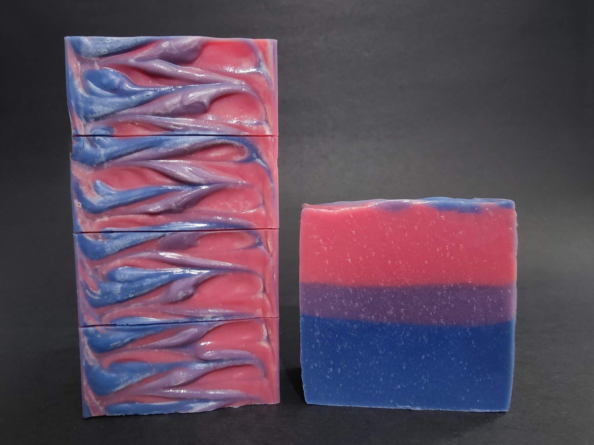 Soaps that are colored in the Bisexual Pride flag colors. They are peach scented