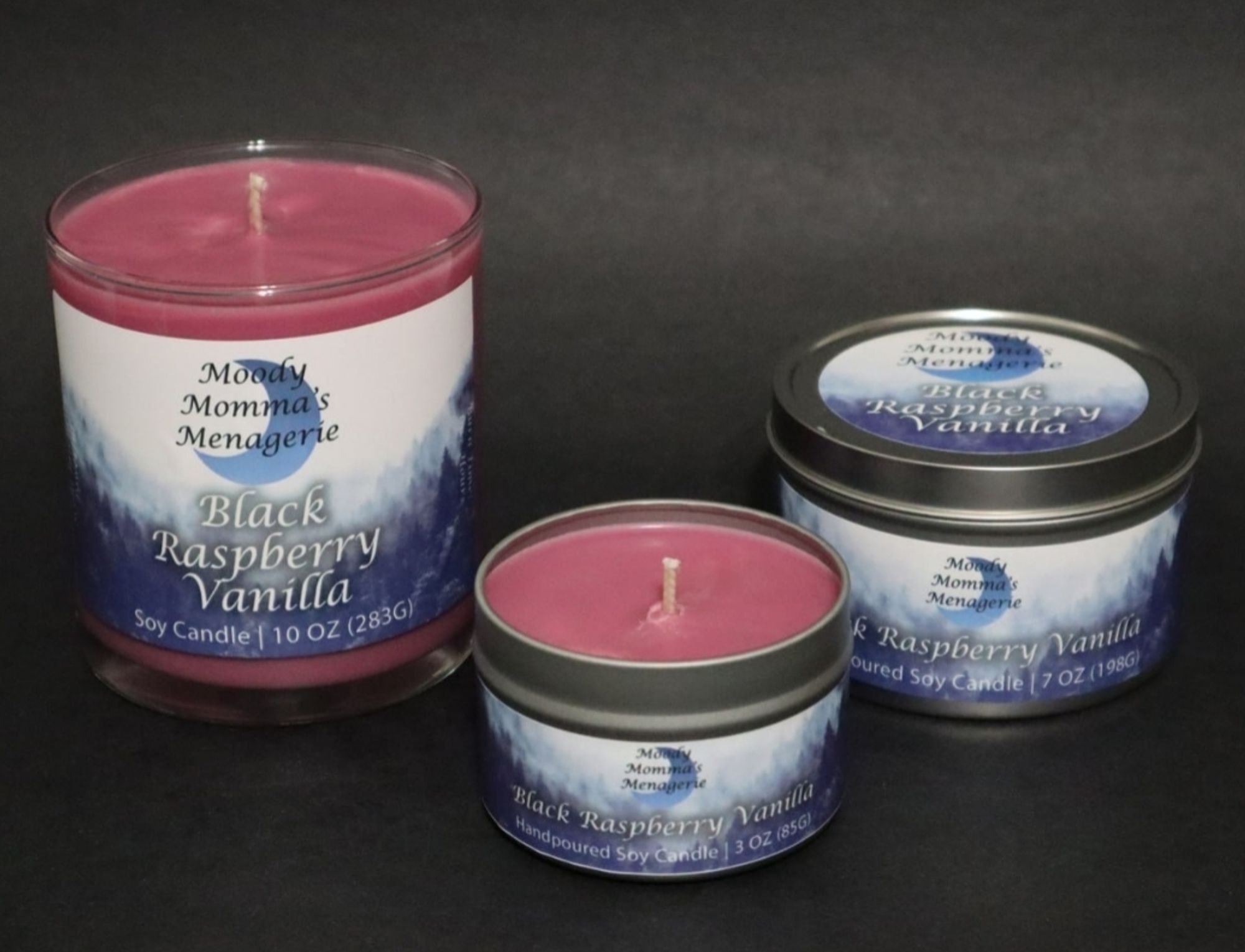 Three different sizes of my Black Raspberry Vanilla soy candles