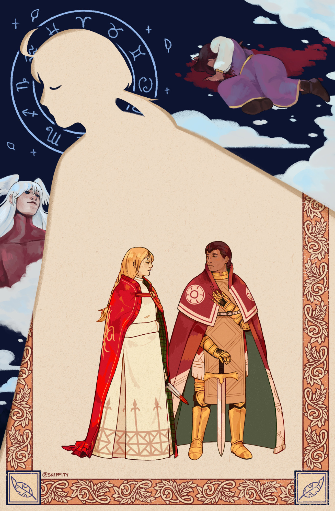 A digital illustration of Ovelia, holding a bloodied dagger, and Delita in his king outfit, with a medieval manuscript-inspired border surrounding them. The negative space of the art forms a silhouette of Ramza, with the zodiac symbols surrounding him; also in the background are drawings of Ultima and a collapsed Tietra.