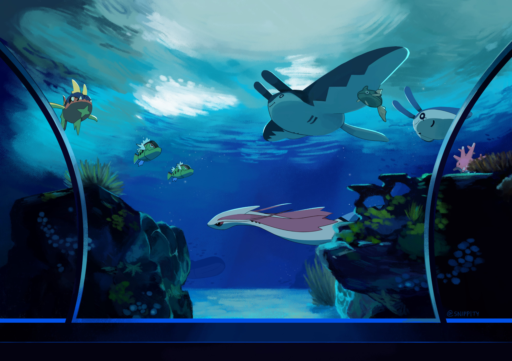 An illustration of the Marine Tube from the Unova Pokemon games looking out into the ocean. Corsola, Mantine, Carvanha, Mantyke, Basculin and Milotic can be seen.