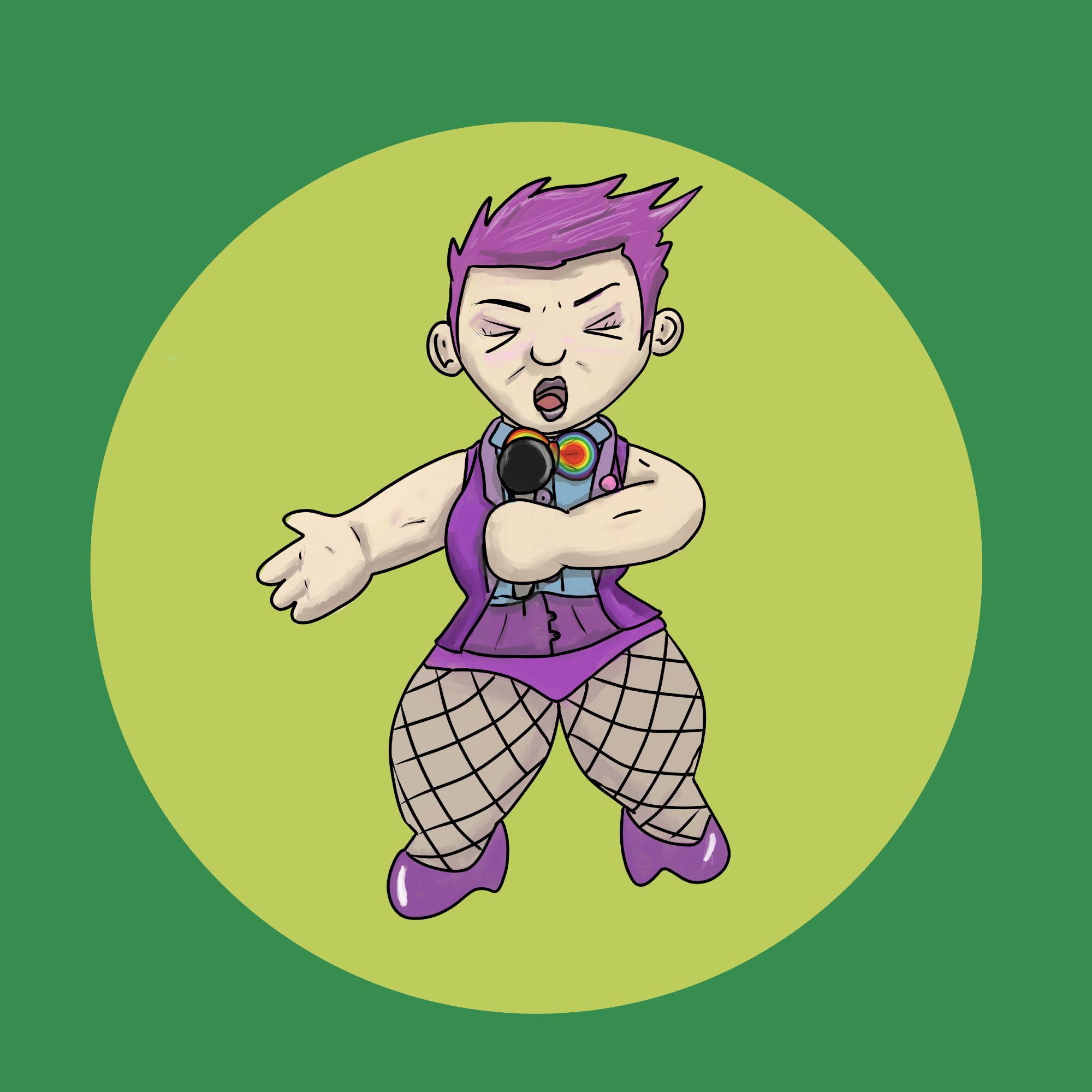 The image is a cute nonbinary performer in a purple, sleeveless suit with fishnets called Joy singing intensely into a microphone with a spotlight on them