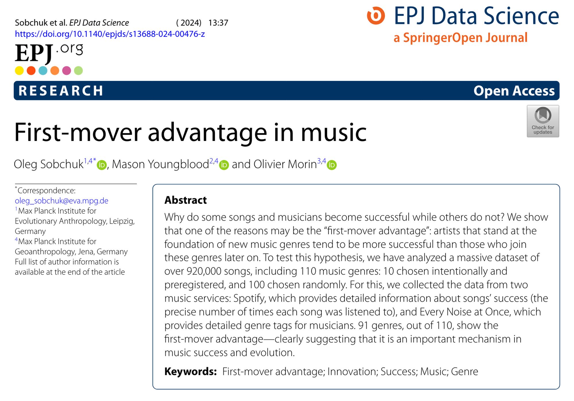 Abstract of the paper "First-mover advantage in music": Why do some songs and musicians become successful while others do not? We show that one of the reasons may be the “first-mover advantage”: artists that stand at the foundation of new music genres tend to be more successful than those who join these genres later on. To test this hypothesis, we have analyzed a massive dataset of over 920,000 songs, including 110 music genres: 10 chosen intentionally and preregistered, and 100 chosen randomly. For this, we collected the data from two music services: Spotify, which provides detailed information about songs’ success (the precise number of times each song was listened to), and Every Noise at Once, which provides detailed genre tags for musicians. 91 genres, out of 110, show the first-mover advantage—clearly suggesting that it is an important mechanism in music success and evolution.