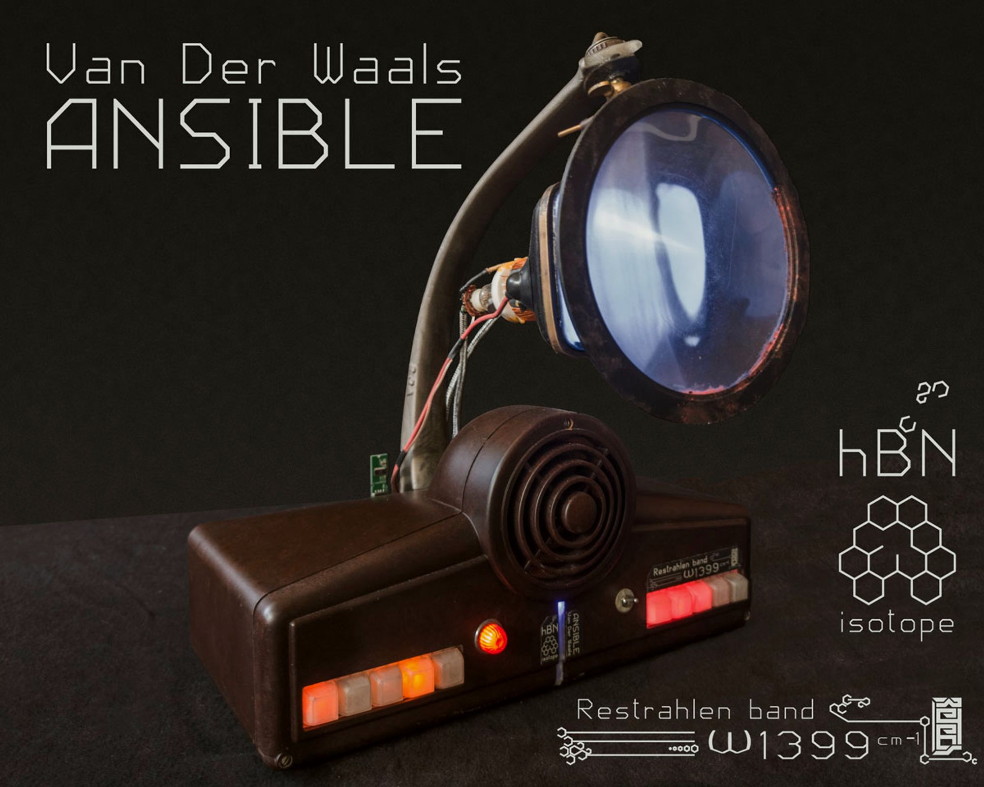 Van Der Waals Ansible - a functional video playing sculpture by ReTech (self). 95% reclaimed materials spanning 70+yrs.

#scifi #cyberpunk #art #retrofuturism #atompunk #functionalart #sculpture #fineart #retech #sciencefiction #tech #althistory