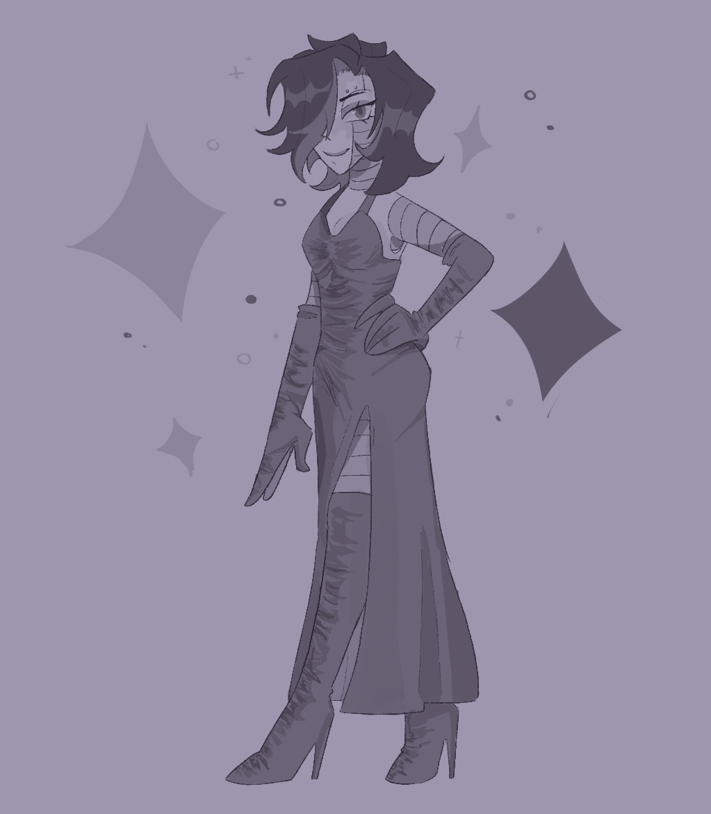 an art request i drew for someone on twitter
it's mettaton from undertale wearing a long bodycon dress with an opening on the leg, loong gloves and boots and sparkles around him