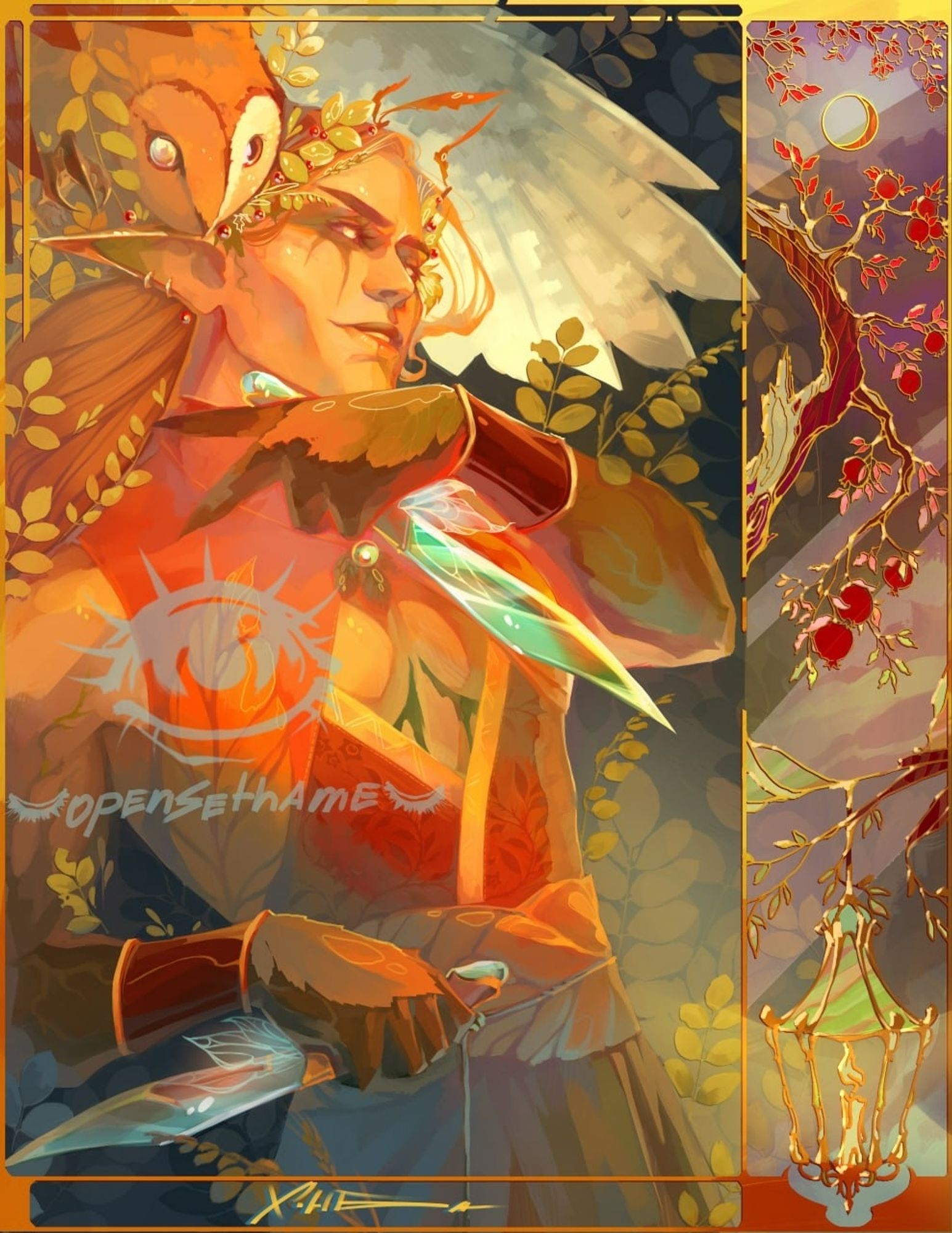 a half body art of an eladrin character and an owl surrounded by greenery. 
the character is redhead with arms and ears tinted green and black. theyare wearing a skintight top in orange and red and wide leaf-like belt. they are holding a fairy dagger in each hand -one raised to their face and one held at their waist
the owl is above their shoulder, partially out of frame
the art is rendered in bright orange and yellow light and has an ornate stained glass-like frame depicting a pomegranate tree, a lit lantern and waning gibbous moon