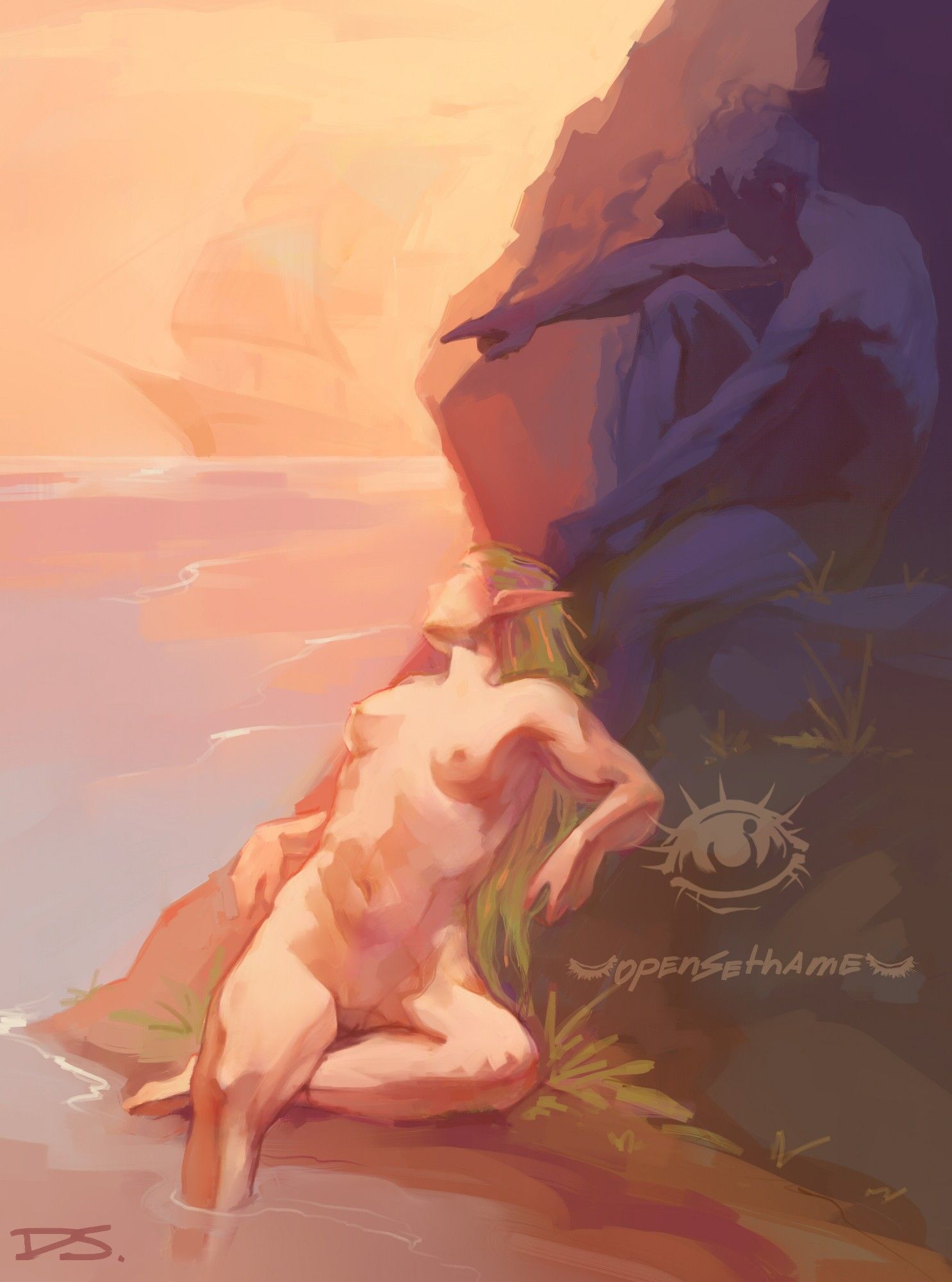 a vertical sketchy landscape in full color. Two people are sitting on a shallow rocky beach, the illustration is focused on a femme person in the front, nude, with green hair and sharp elven ears, sitting with her leg in the water and her head turned away, looking into the sea, where their companion is pointing at the ship emerging from the fog. The second figure is blending in color with the shadow of the rocks, as is made of smoke, he is sitting with one leg brought up to his chest a bit higher then her, pointing out with a smoking hand