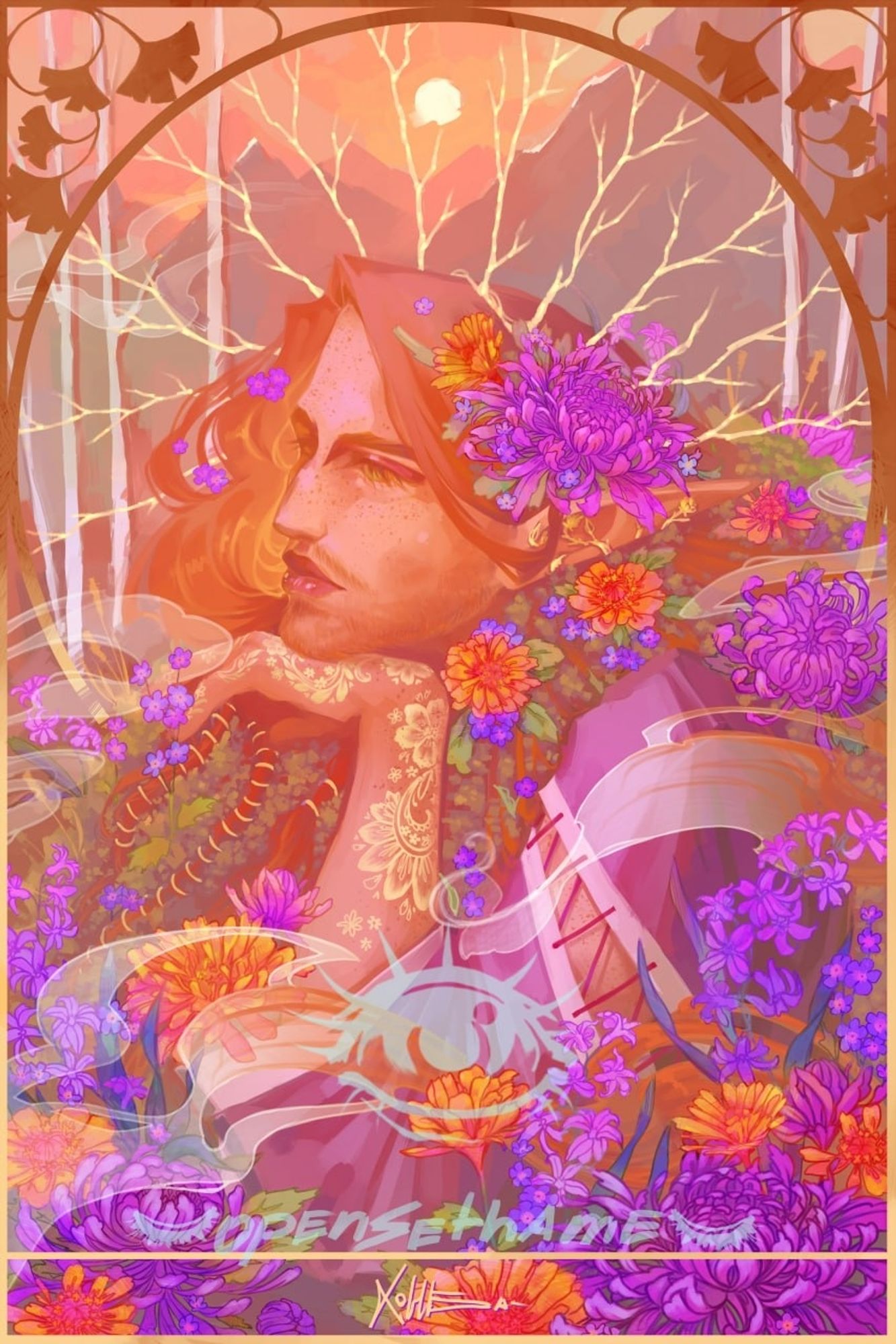 A waist-up art commission in a maximalist pre raphaelite-esque style of a ginger eladrin surrounded by purple chrysanthemums and hyacinths, forget-me-nots and orange zinnias 
His long hair turns to white fog at the ends, there's a capelet of moss on his shoulders and a crown of thin golden branches on his head. 
The background is a sunrise above jagged mountains
Image is in a gold frame with art nouveau gingko leaves in the corners and a simple halo around the character