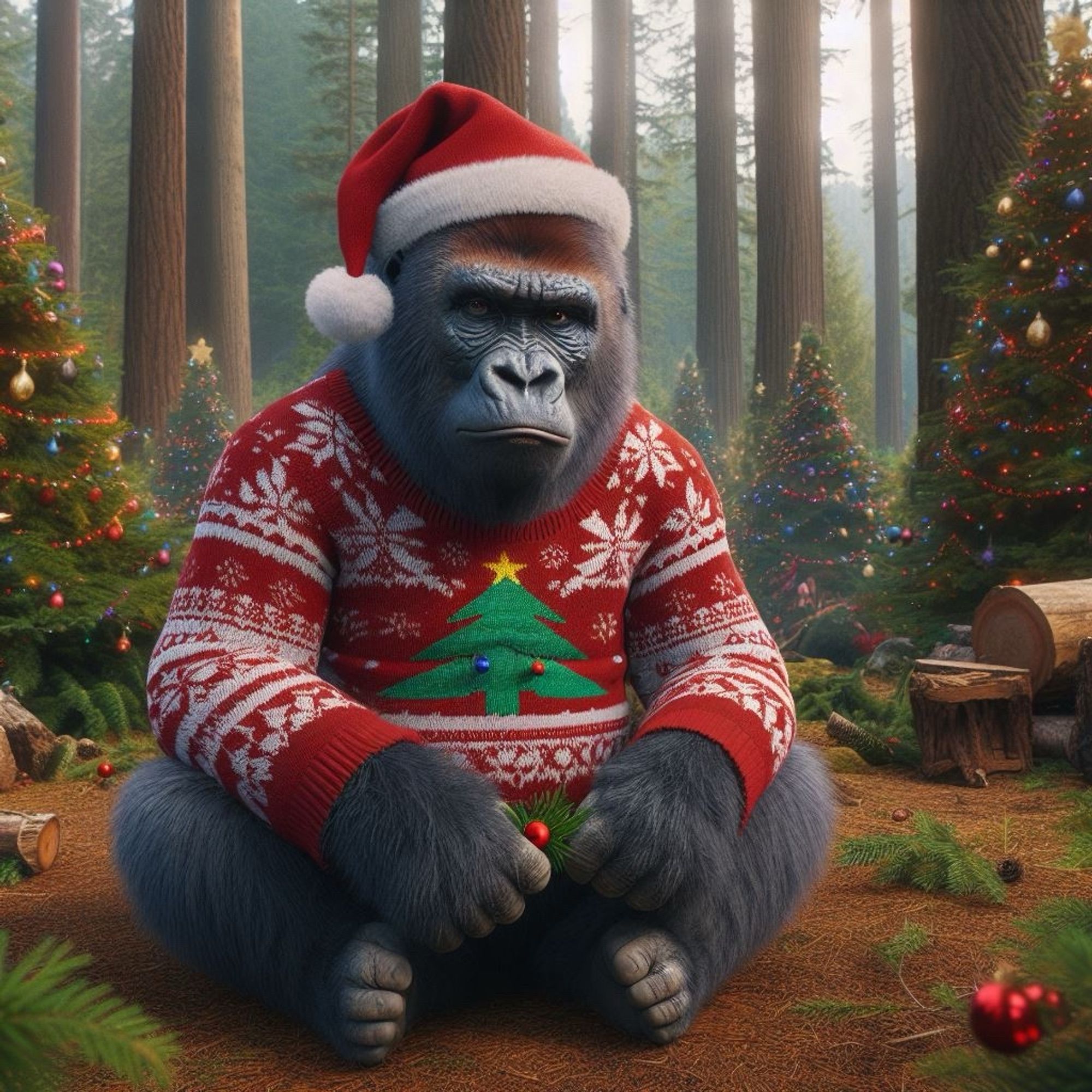 Gorilla sitzt mit einem hässlichen Weihnachtspullover in einem Tannenwald.