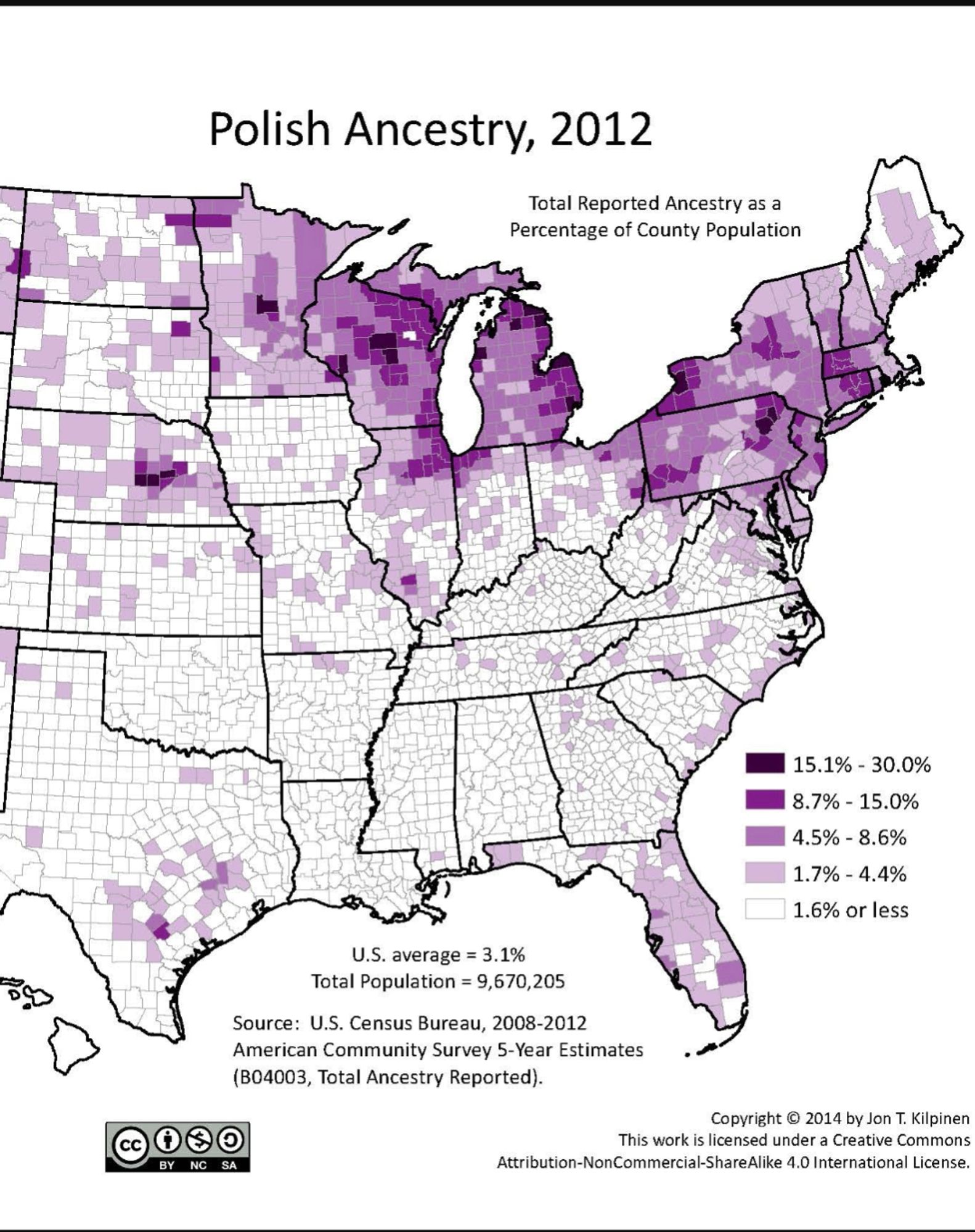 Map of the distribution of polish-americans in 2012 on the county level from the plains to the east coast.