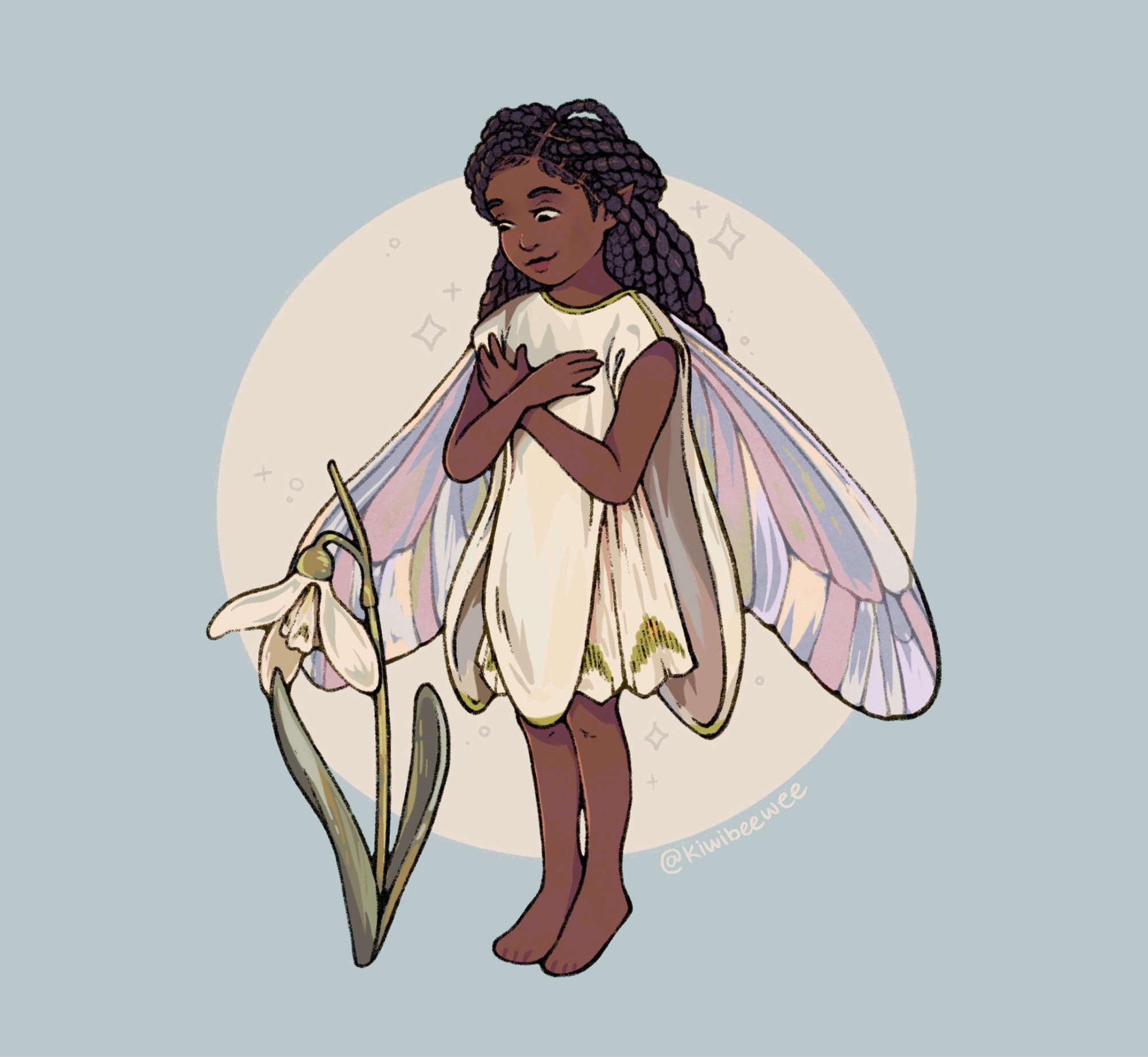 a snowdrop fairy: a dark-skinned girl looking down at a growing snowdrop. Her arms are held across her chest, her hair is down in multiple braids, slightly pulled back in a half-up-do. Her dress is made of snowdrop petals, and her wings are pointed down, slightly purple and like dragonfly wings