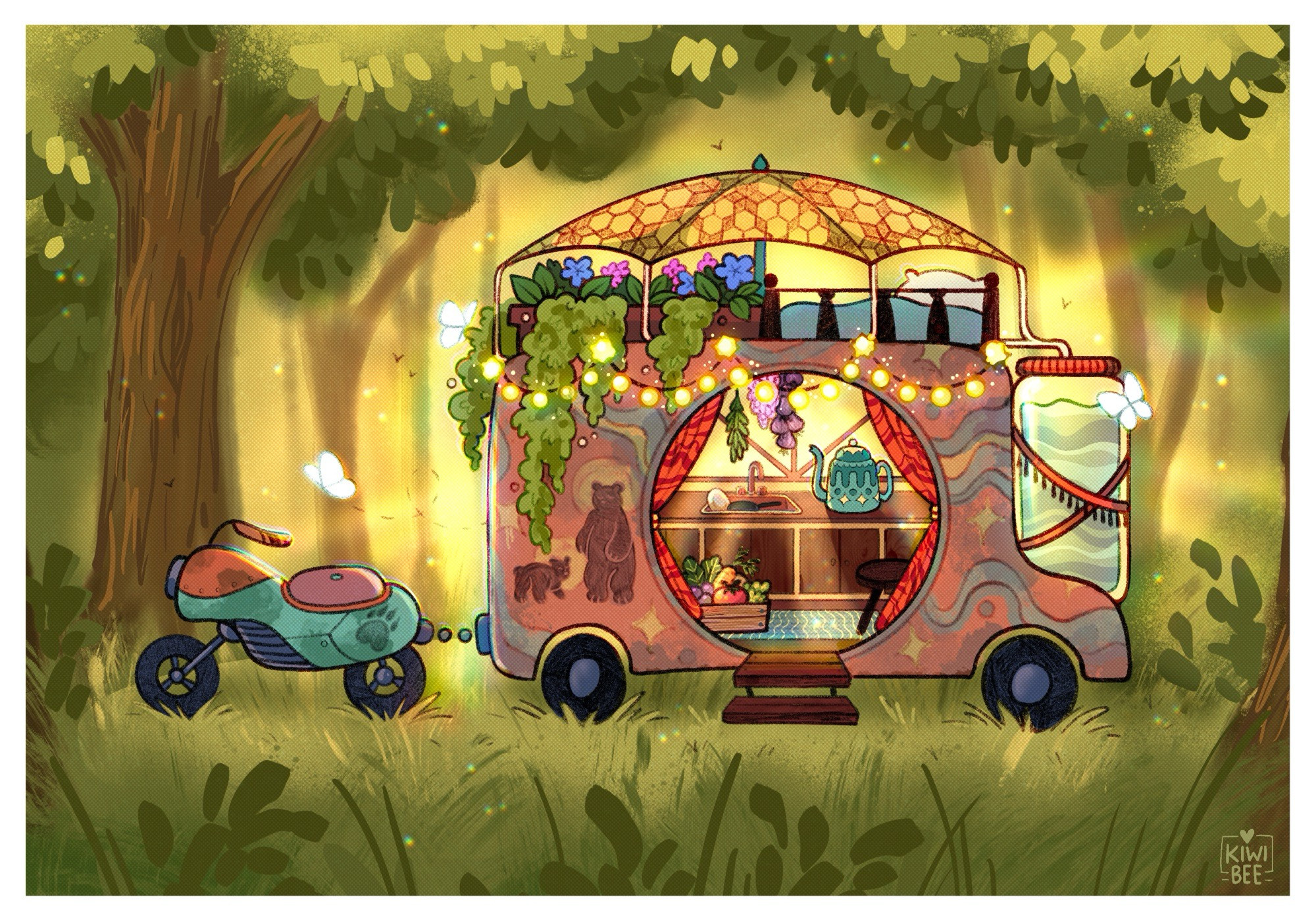 an image of a small van, like those you’d pull behind a car to go camping, situated in a forest clearing. It’s decorated with faded blue and yellow squiggles and a bear and cub. Its two stories - above is a canopy of solar cells that collect water into a rainwater collection tank is strapped to the side. Under the canopy is a small garden with vines hanging over the side and blue and pink flowers above. There’s also a small bed up there with a pillow and blanket. Inside the van is a cabinet with a sink full of some dishes, and a blue tea kettle off to the side. In the floor, there’s a carton of fresh veggies, while herbs hang from the ceiling. The cart is pulled by a small blue motor bike.