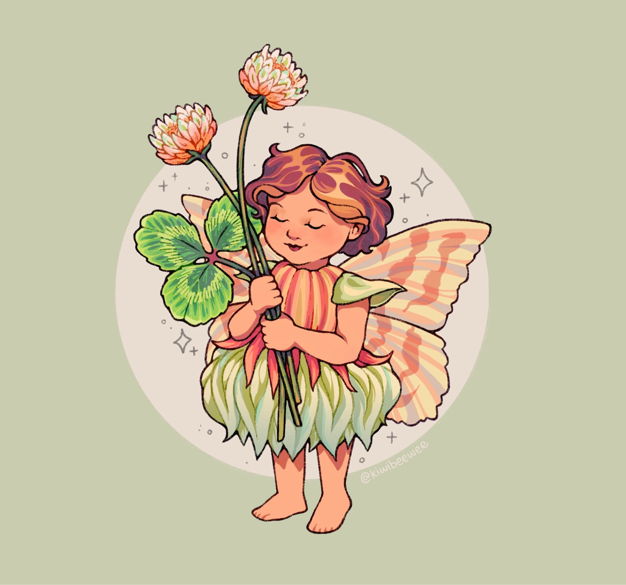 a small brown-haired clover fairy. her eyes are closed in peaceful reflection and she’s holding a 3 leaf clover and two red clover buds. Her dress is made from a red clover flower. Her hair is a wavy bob, and her wings are a striped butterfly wing