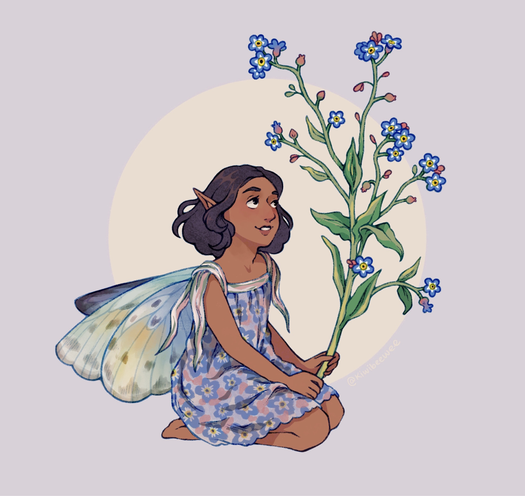 a forget-me-not fairy : a girl sits with her legs folded under her, holding a sprig of forget me nots and gazes up at them. Her skin is dark , her hair is a deep brown, wavy and cropped near the base of her neck. She’s wearing a flower pattern dress and she has butterfly wings that are slightly yellow and spotted