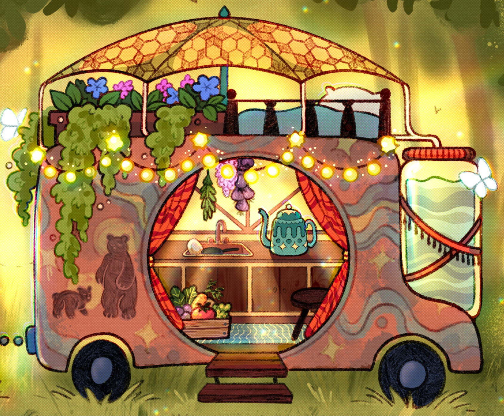 an image of a small van, like those you’d pull behind a car to go camping, situated in a forest clearing. It’s decorated with faded blue and yellow squiggles and a bear and cub. Its two stories - above is a canopy of solar cells that collect water into a rainwater collection tank is strapped to the side. Under the canopy is a small garden with vines hanging over the side and blue and pink flowers above. There’s also a small bed up there with a pillow and blanket. Inside the van is a cabinet with a sink full of some dishes, and a blue tea kettle off to the side. In the floor, there’s a carton of fresh veggies, while herbs hang from the ceiling. The cart is pulled by a small blue motor bike. 
Small butterflies flit around the scene and sunlight is streaming in from behind.