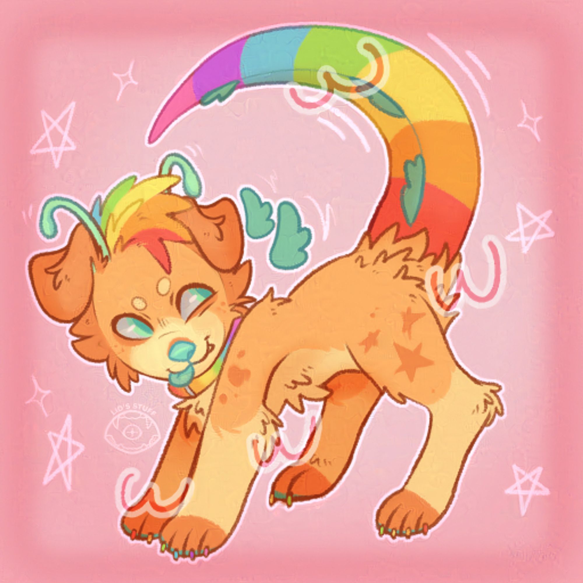 A cute dino-dog with rainbow hair and tail! He's making a little blep face. It's a feral chibi