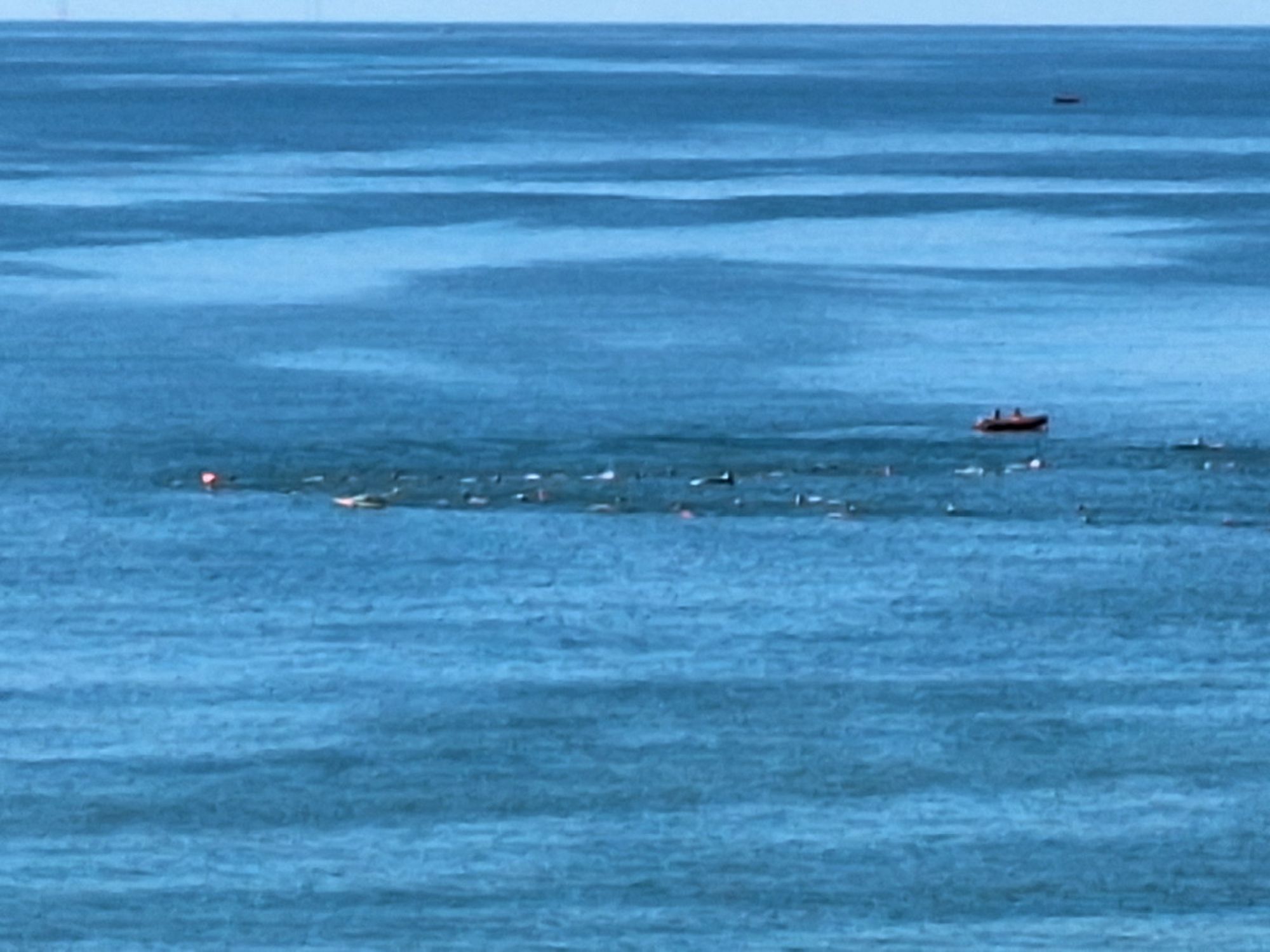 View of flat sea, swirls of shades of blue with sliver of sky on horizon. About 20 swimmers in a V around a buoy, some still swimming towards and some away. Small boat stewarding.