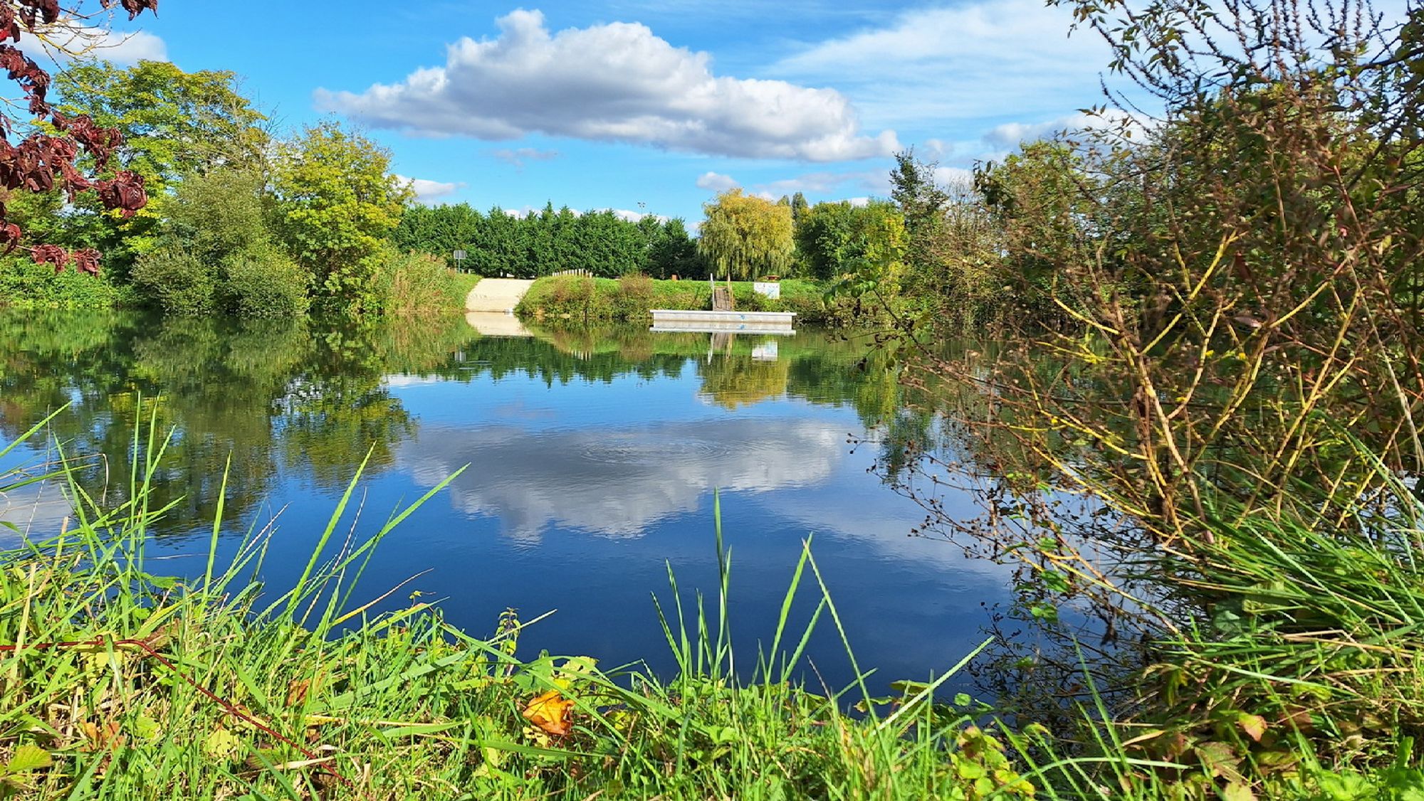 Spot of clear blue river reflecting sky and a single central cloud framed all around by greenery.