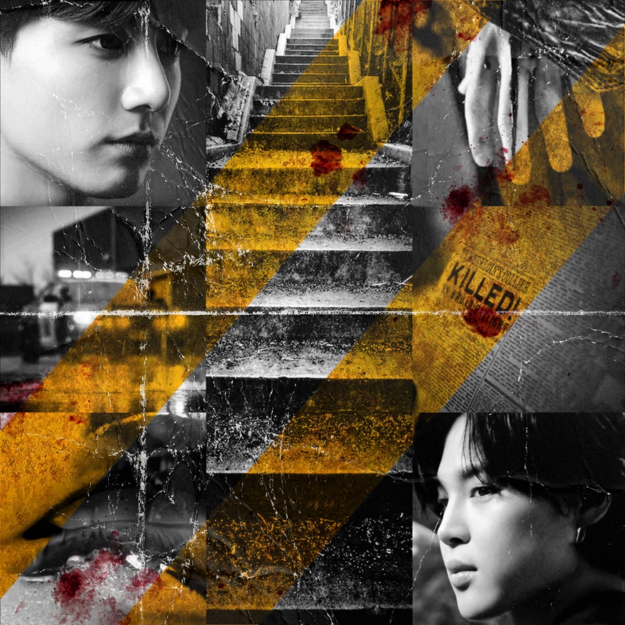 Gritty black-and-white collage on worn paper of Jimin, Jungkook, long stairs, a police car, a bloody hand and mouth; two yellow stripes cutting it diagonally and a few specks of blood.