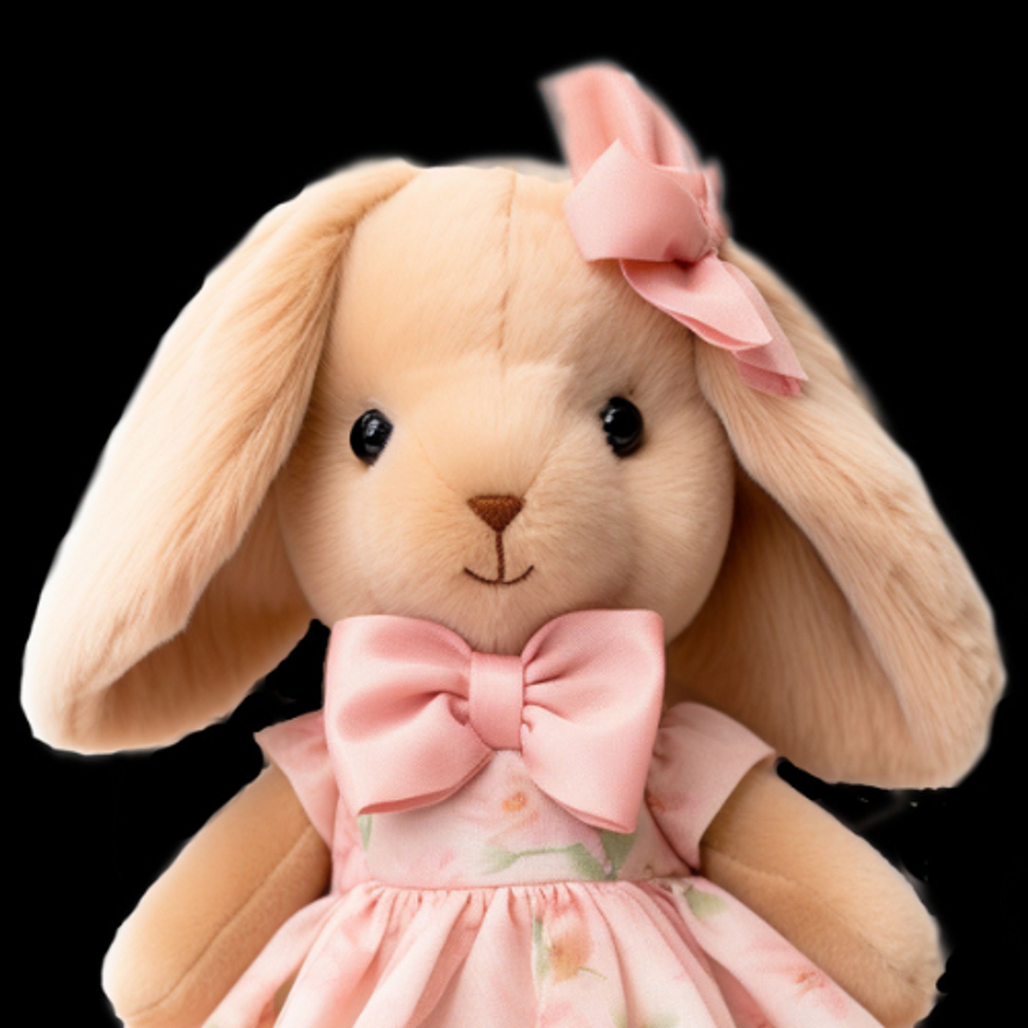 a stuffed floppy-eared rabbit in a pink dress and bows