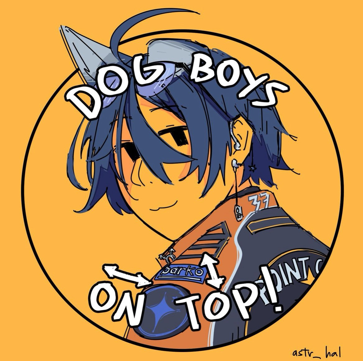 portrait drawing of a man with dog ears looking back at the viewer. text on top reads: "dog boys on top!" in all caps. his jacket is full of patches, and a transgender symbol pin is on his collar.