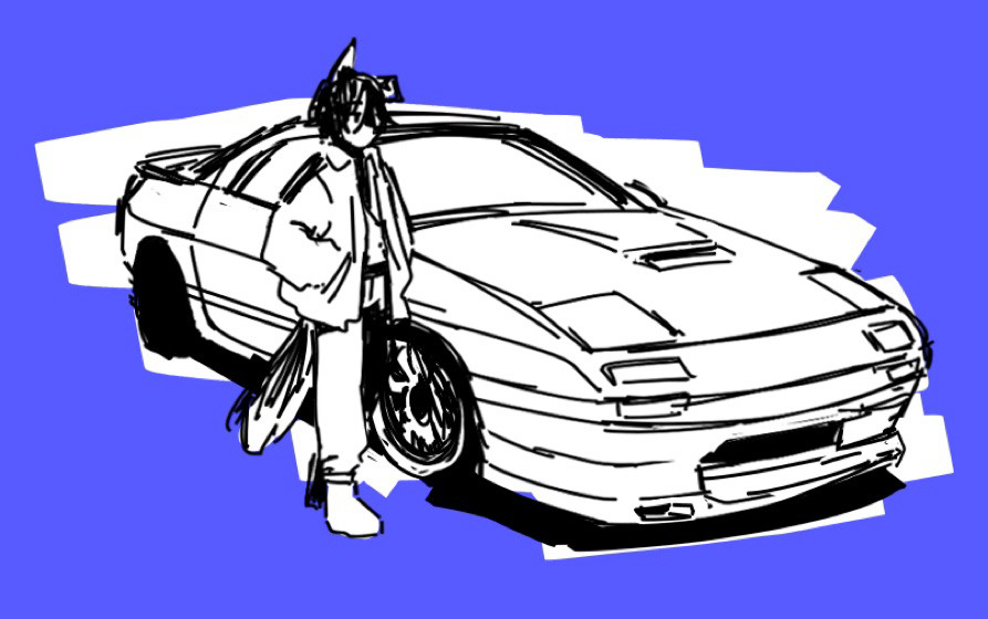 black-and-white drawing of a man with dog ears and a tail standing next to the fc3s rx-7 from initial d. the background is blue. referenced from initial d official art of ryosuke standing next to his own rx-7.