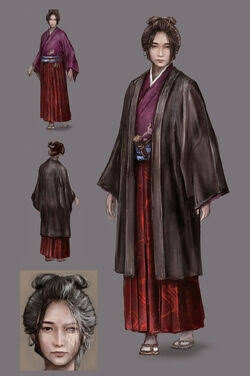 Arte (conceitual) de Emma. Uma mulher de cabelo preto amarrado em um penteado. Pele branca. Olhos amendoados. Vestida em um kimono de tom púrpura com um haori marrom. 