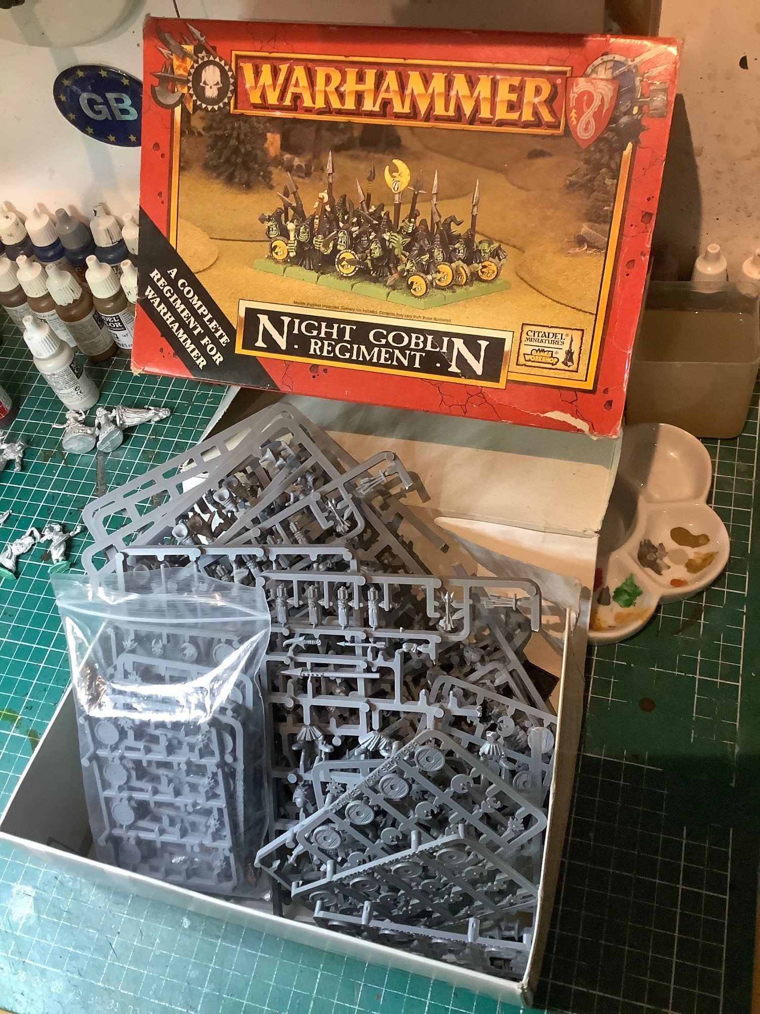 An Oldhammer box of Night Goblin sprues, waiting to be put together and run amok on the wargaming table.