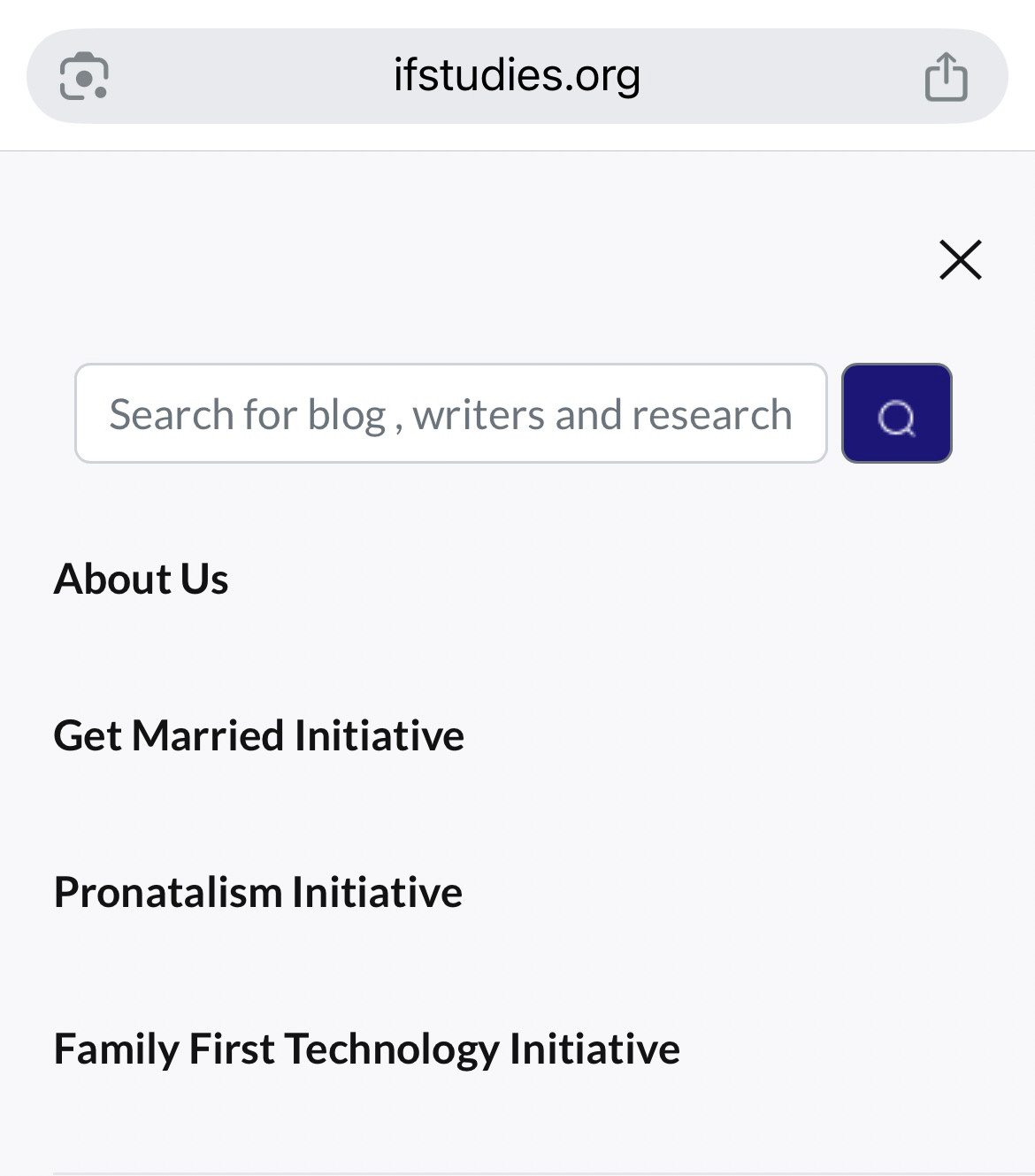 list of programs run by the Institute for Family Studies:

Get Married Initiative
Pronatalism Initiative
Family First Technology Initiative
