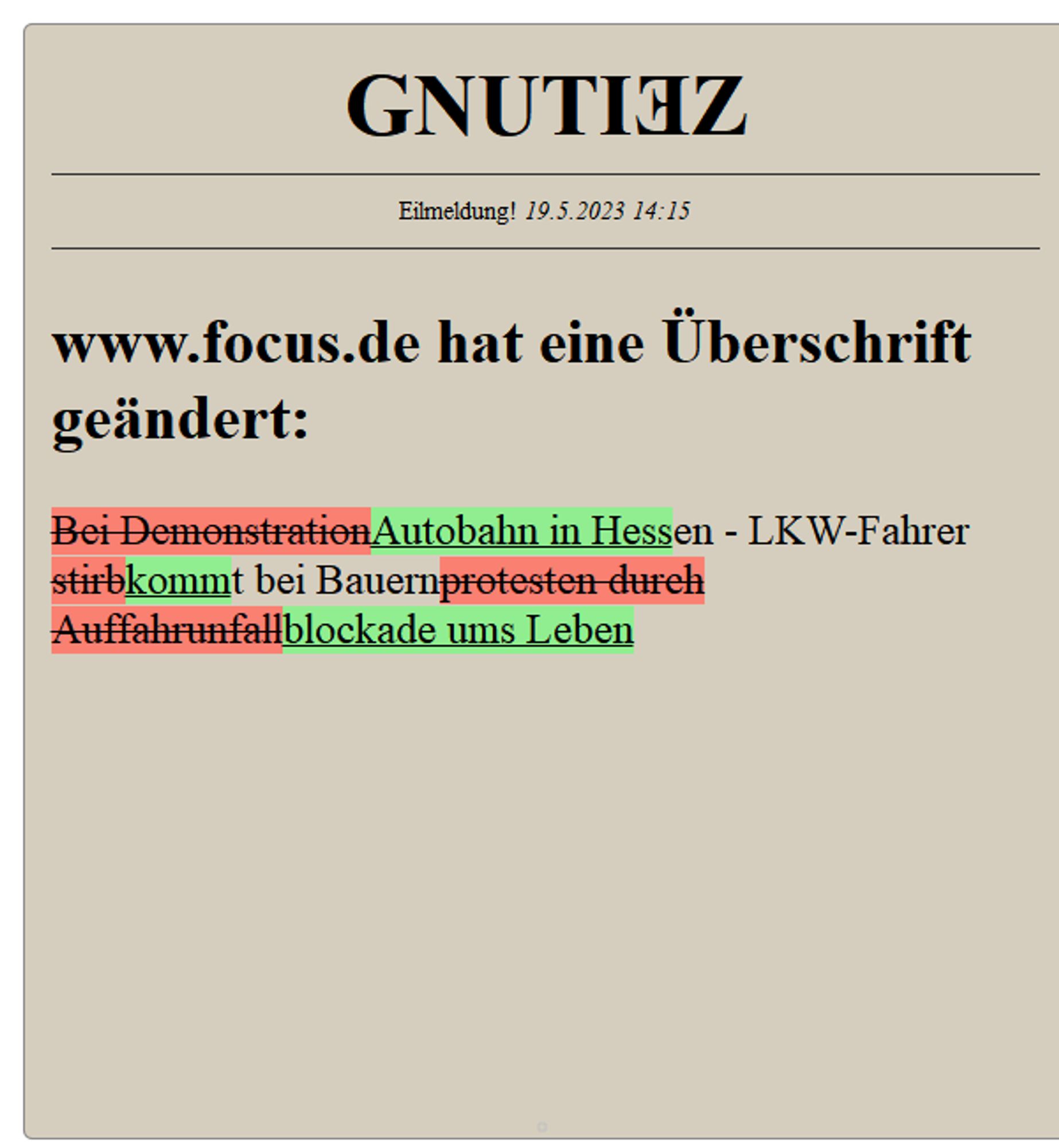 www.focus.de hat eine Überschrift geändert. 

Neuer Text ist jetzt 

Autobahn in Hessen - LKW-Fahrer kommt bei Bauernblockade ums Leben

https://www.focus.de/panorama/welt/unfall-lkw-faehrt-auf-stauende-fahrer-toedlich-verletzt_id_259565249.html

 Alle Änderungen auf http://visual.gnutiez.de:8082/hl_diff.html?jump=https://www.focus.de/panorama/welt/unfall-lkw-faehrt-auf-stauende-fahrer-toedlich-verletzt_id_259565249.html