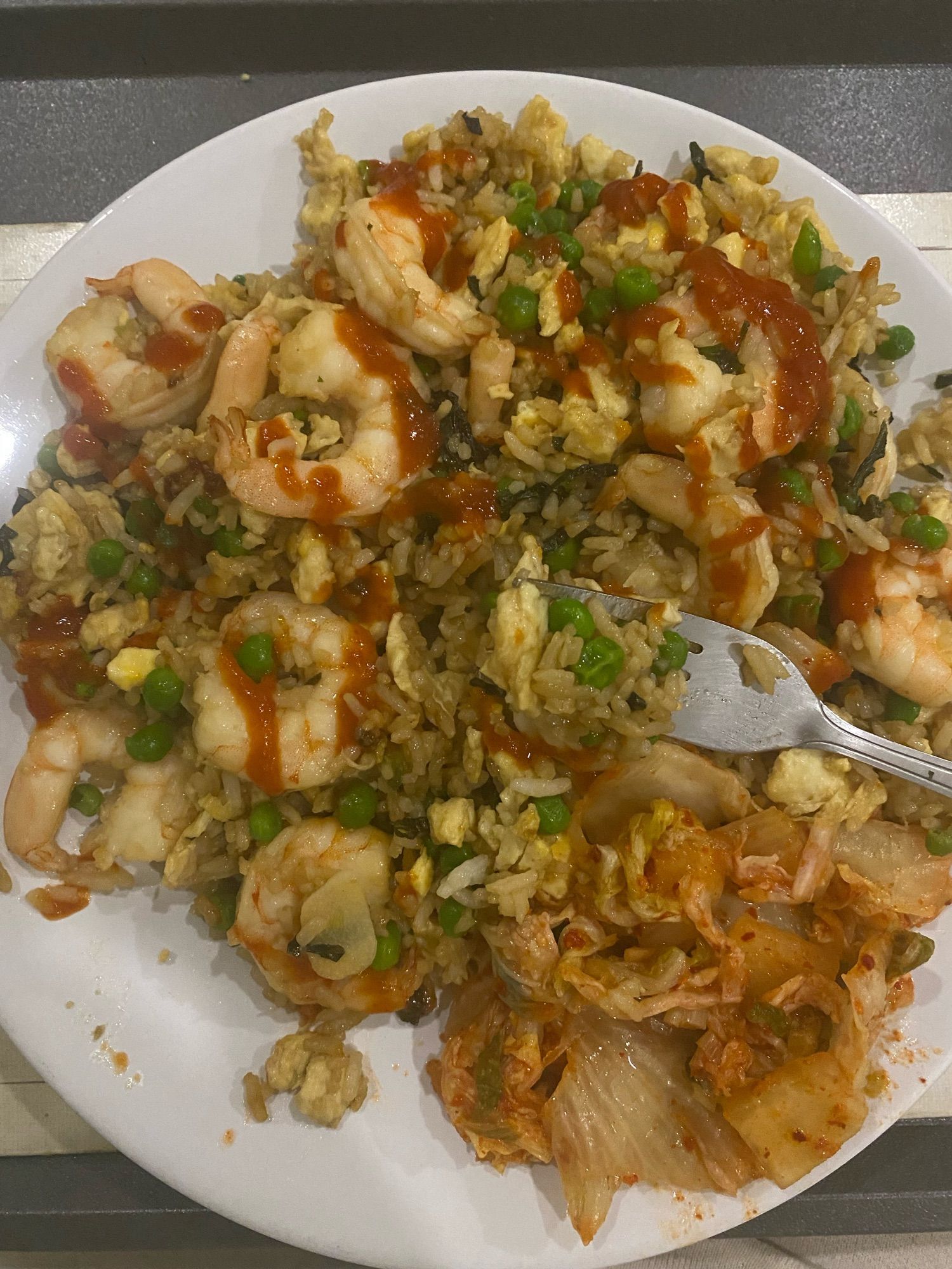 Prawn fried rice with kimchi on the side x