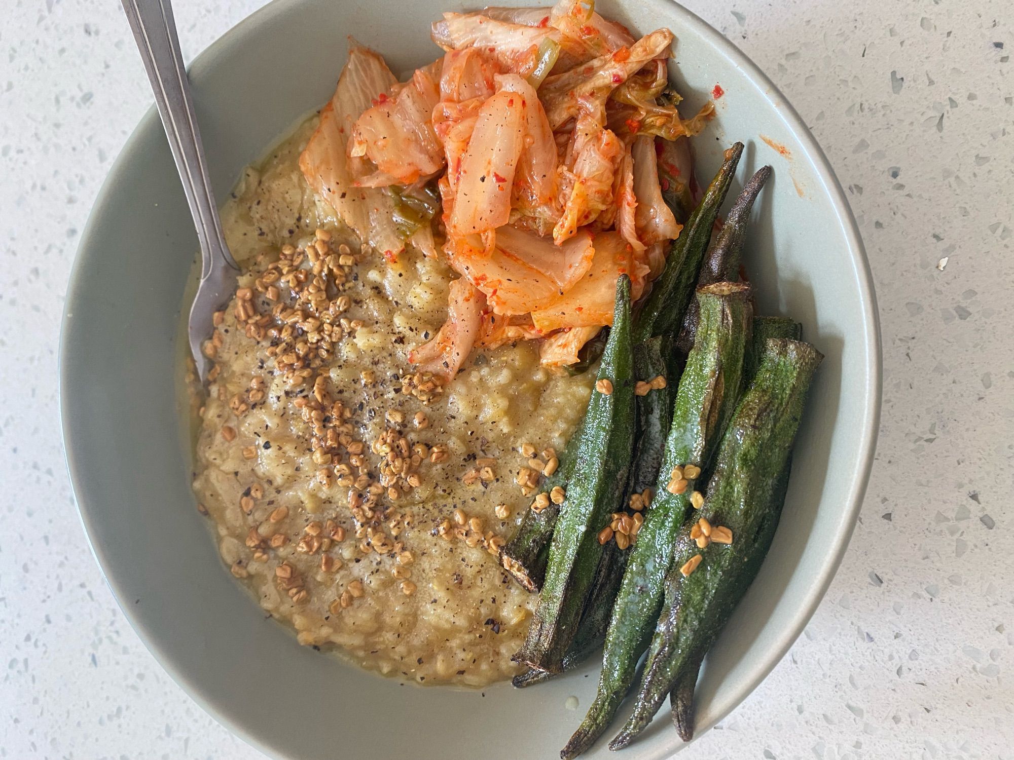 Breakfast is bootleg Khichdi with air fried okra and kimchi… because I have loads of it