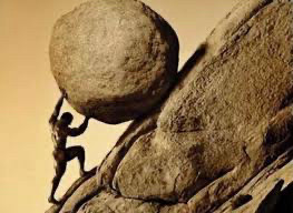 a reaction pic of Sisyphus pushing a rock up a hill 