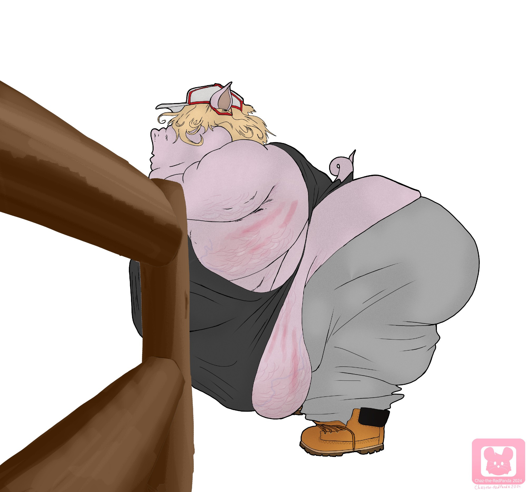 Fat pig cowboy in sweat pants and shirt.