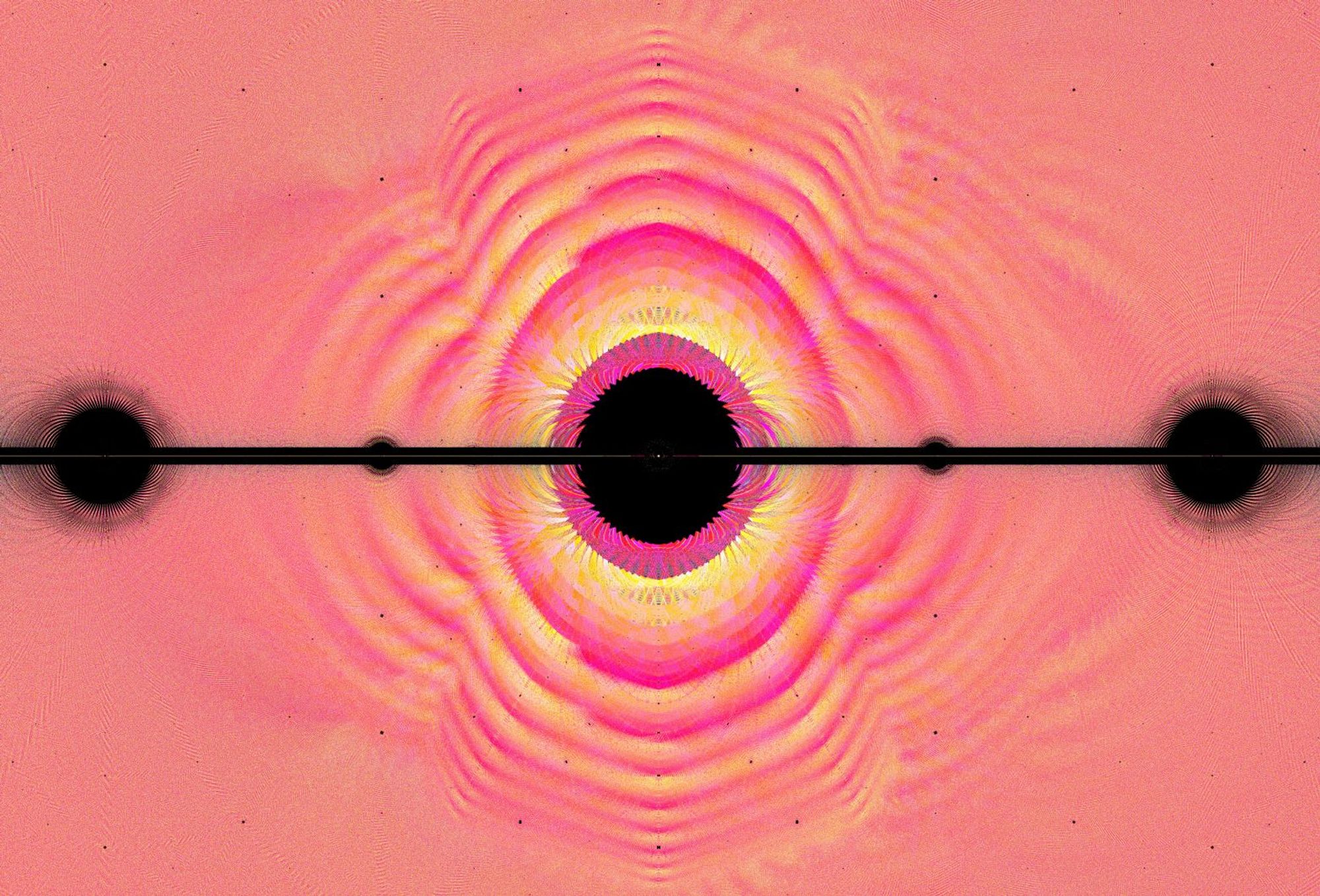 a complex fractal. Colours vary from salmon to yellow, there are black spheres along the Y axis of varying size. There are small point holes feathered throughout the chart. Rings of complex yellow-pink waves radiate out from a central large black hole.