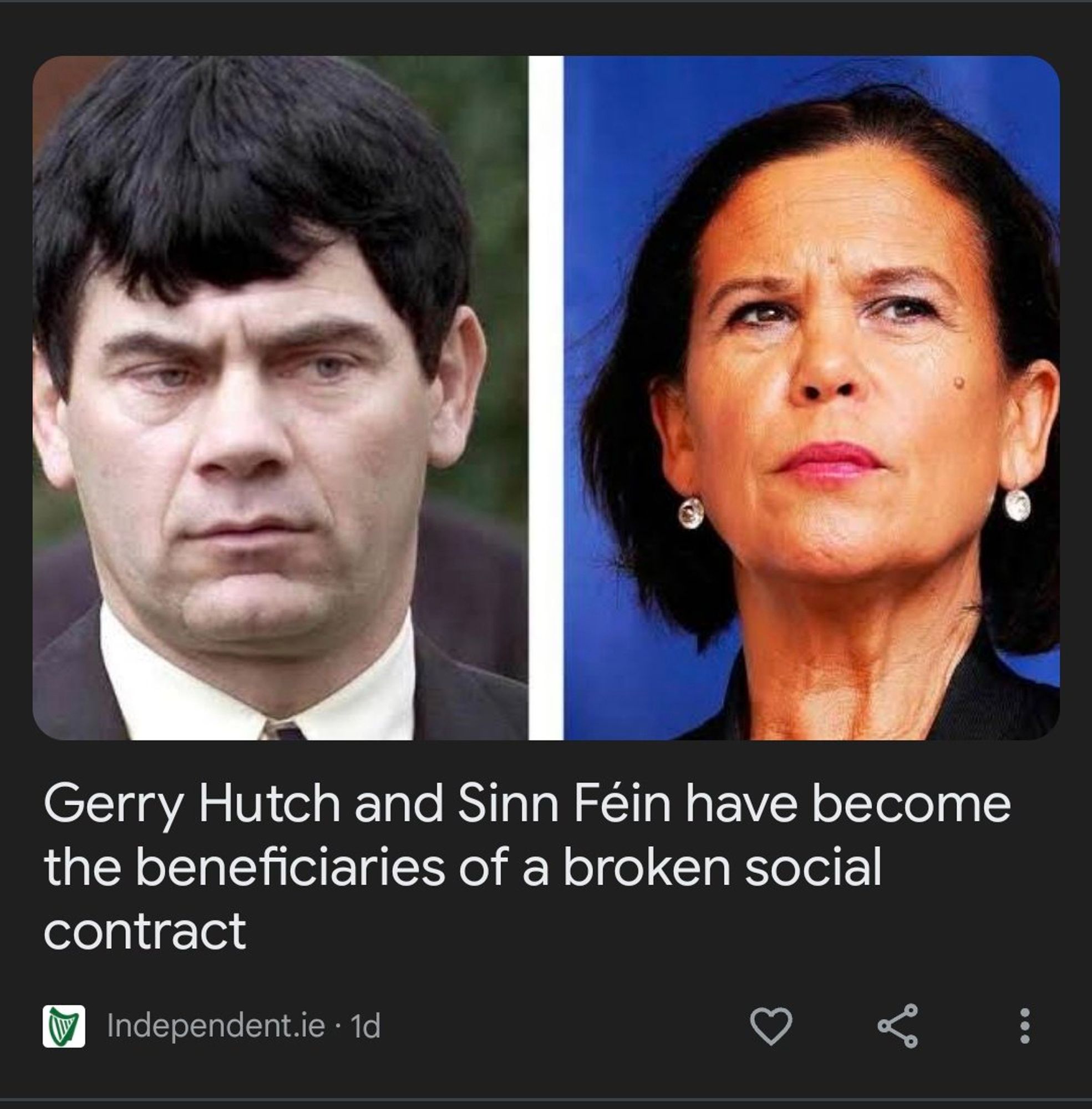 Independent.ie headline: Gerry Hutch and Sinn Féin have become the beneficieries of a broken social contract. Above; a cold dead-eyed picture of Hutch, and a vaguely Hitlerite picture of Mary Lou McDonald.