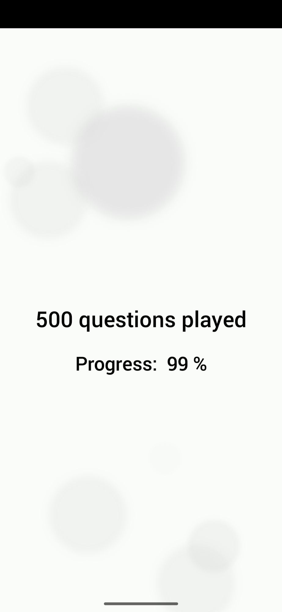 Screenshot. 500 questions played, progress 99pct