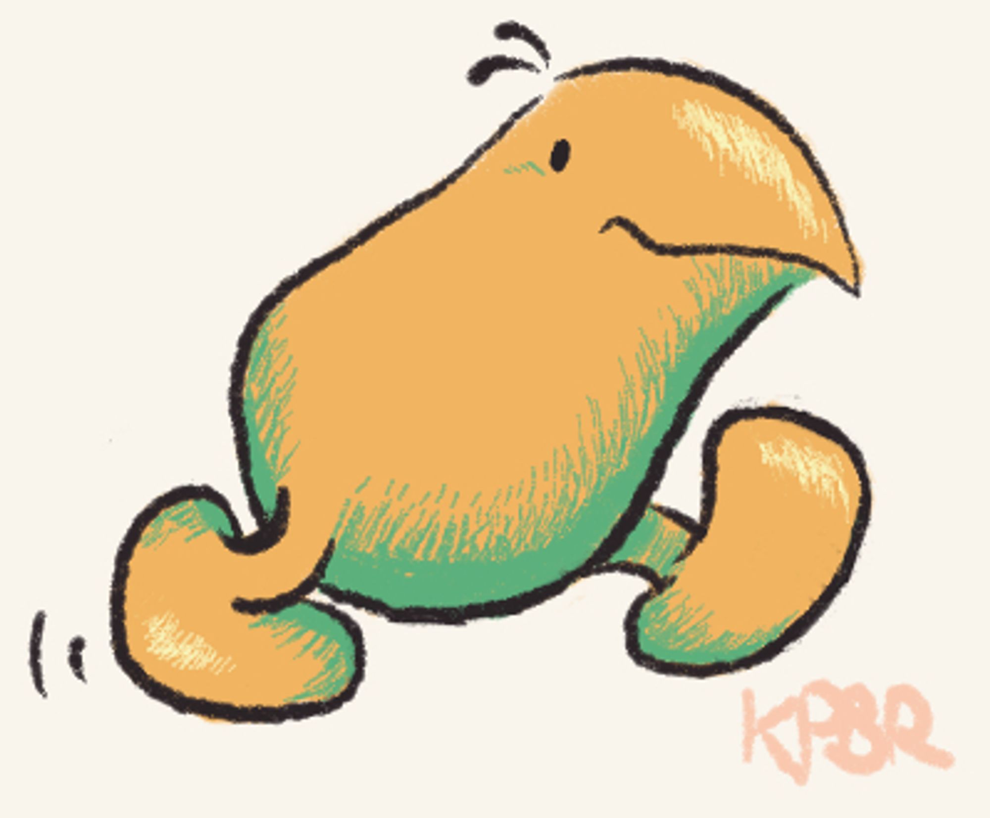 Doodle of a Fleeper from Yoshi's Island DS. This is a small, compact, bipedal creature, kiwi-shaped but very flea-like, too.