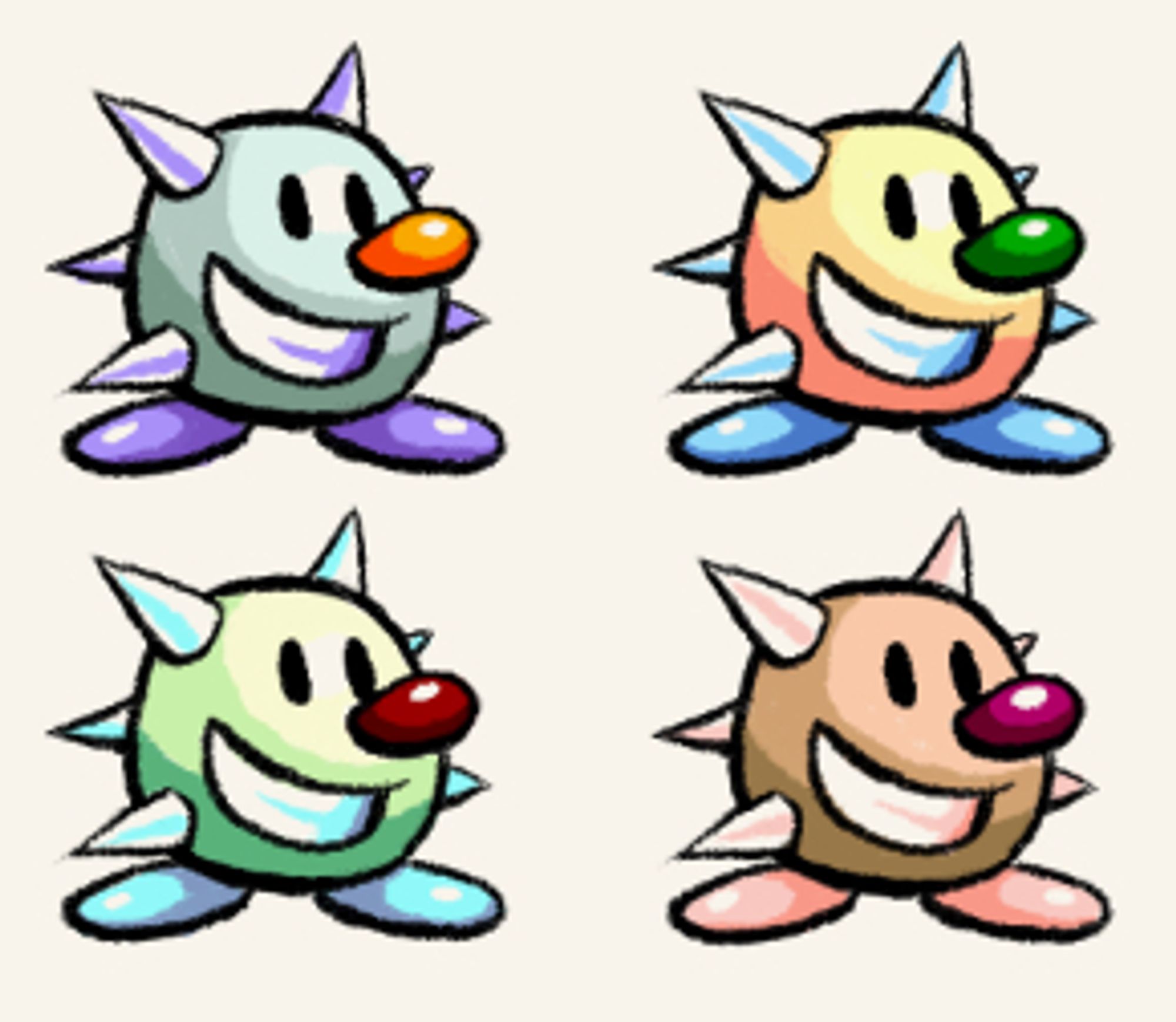 Tap-Taps from Yoshi's Island, spiky metallic creatures with colorful noses and big grins. The top two are colors that exist in-game, while the other two are hypothetical colors based on the way palettes are used in-game.