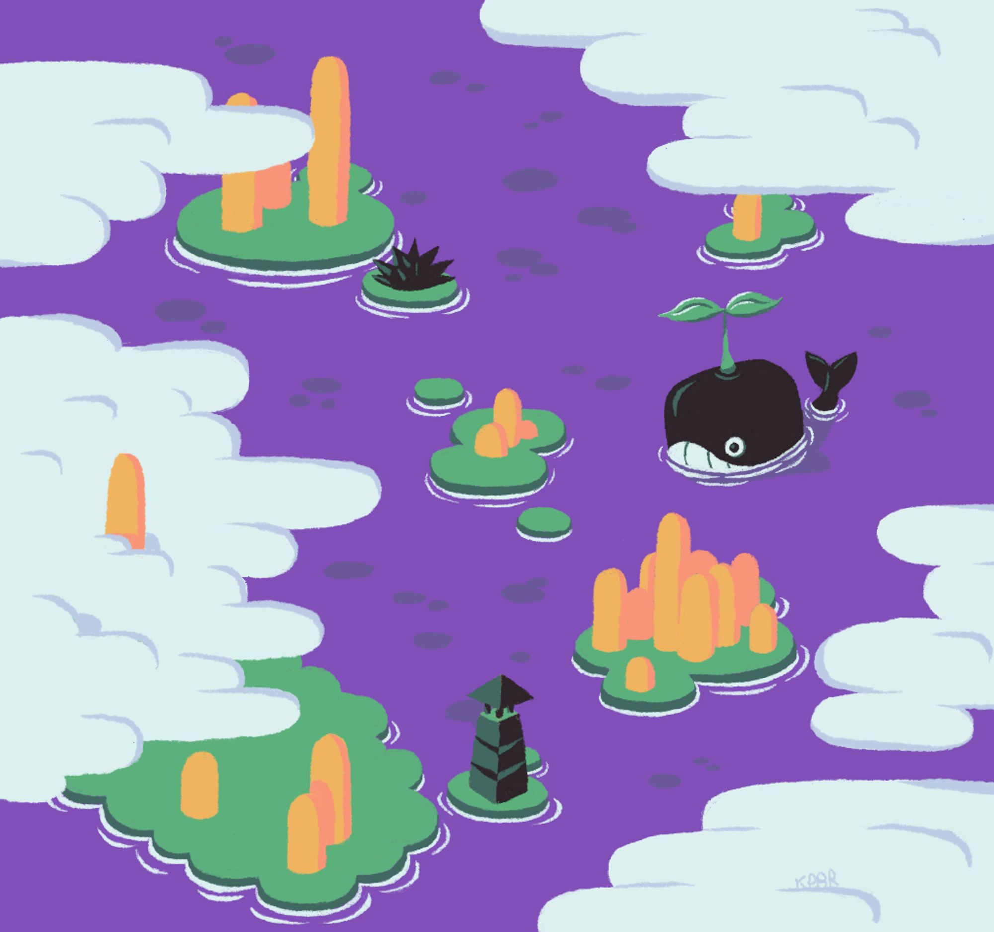 Green islands with orange protrusions floating in a violet-tinted water, all framed with dense clouds. Two smaller islands have a dark spiked object and a dark tower. There is a whale in the water with a sprout on its head.