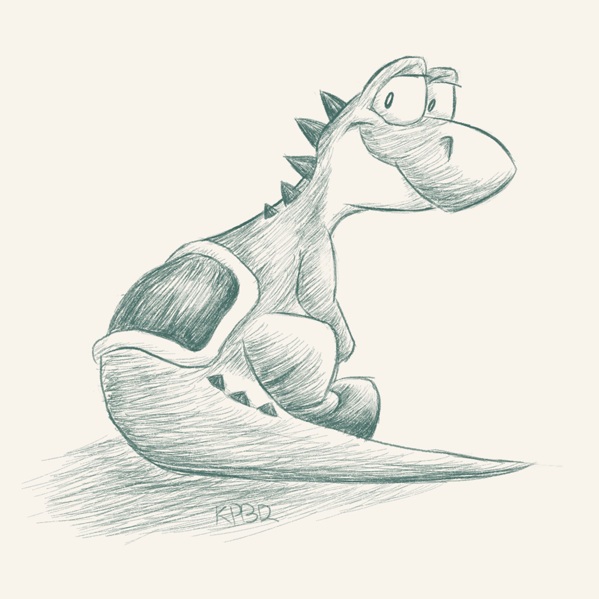 A doodle of Yoshi sitting, looking back and smiling