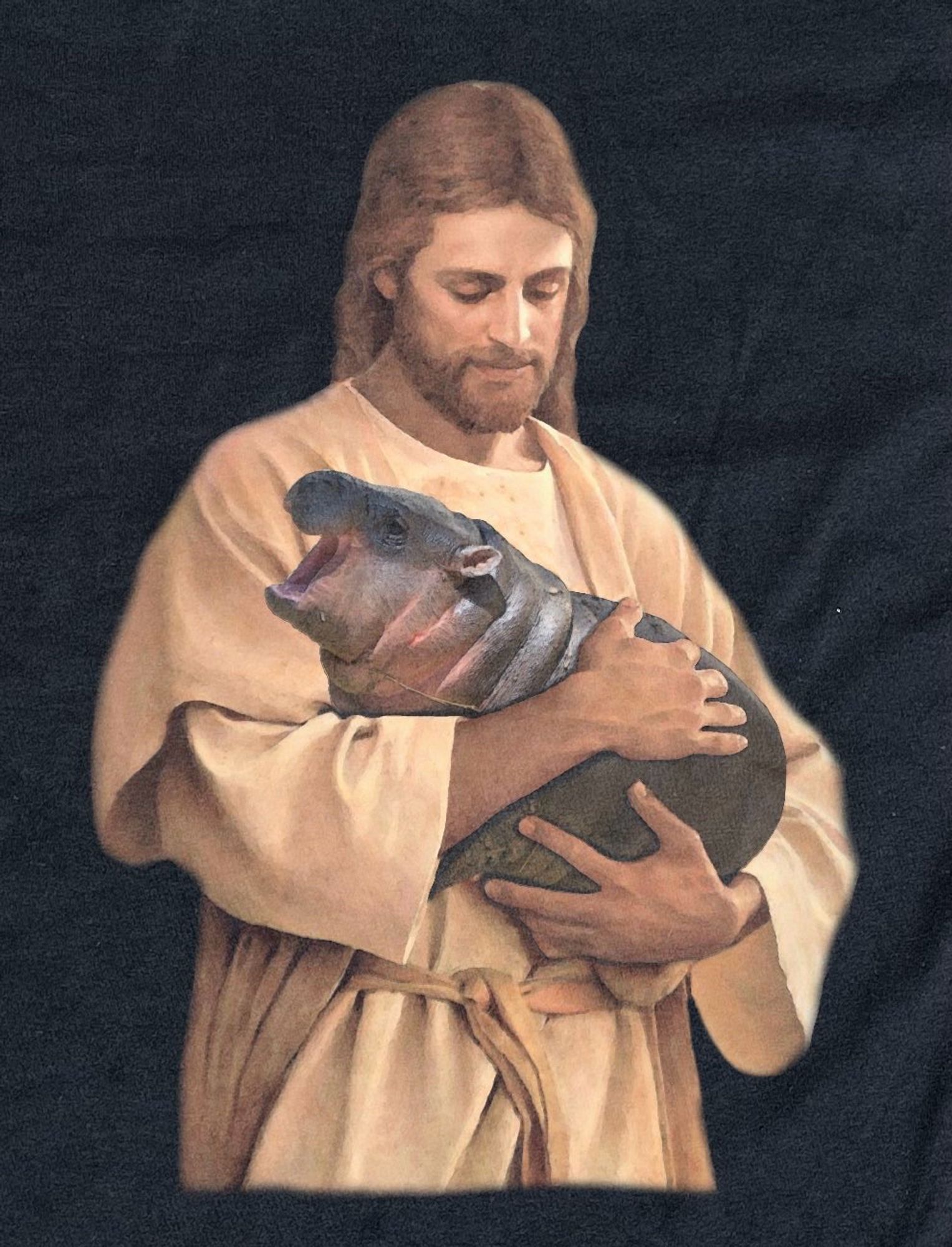 Jesus segurando um bebê hipopótamo gritando