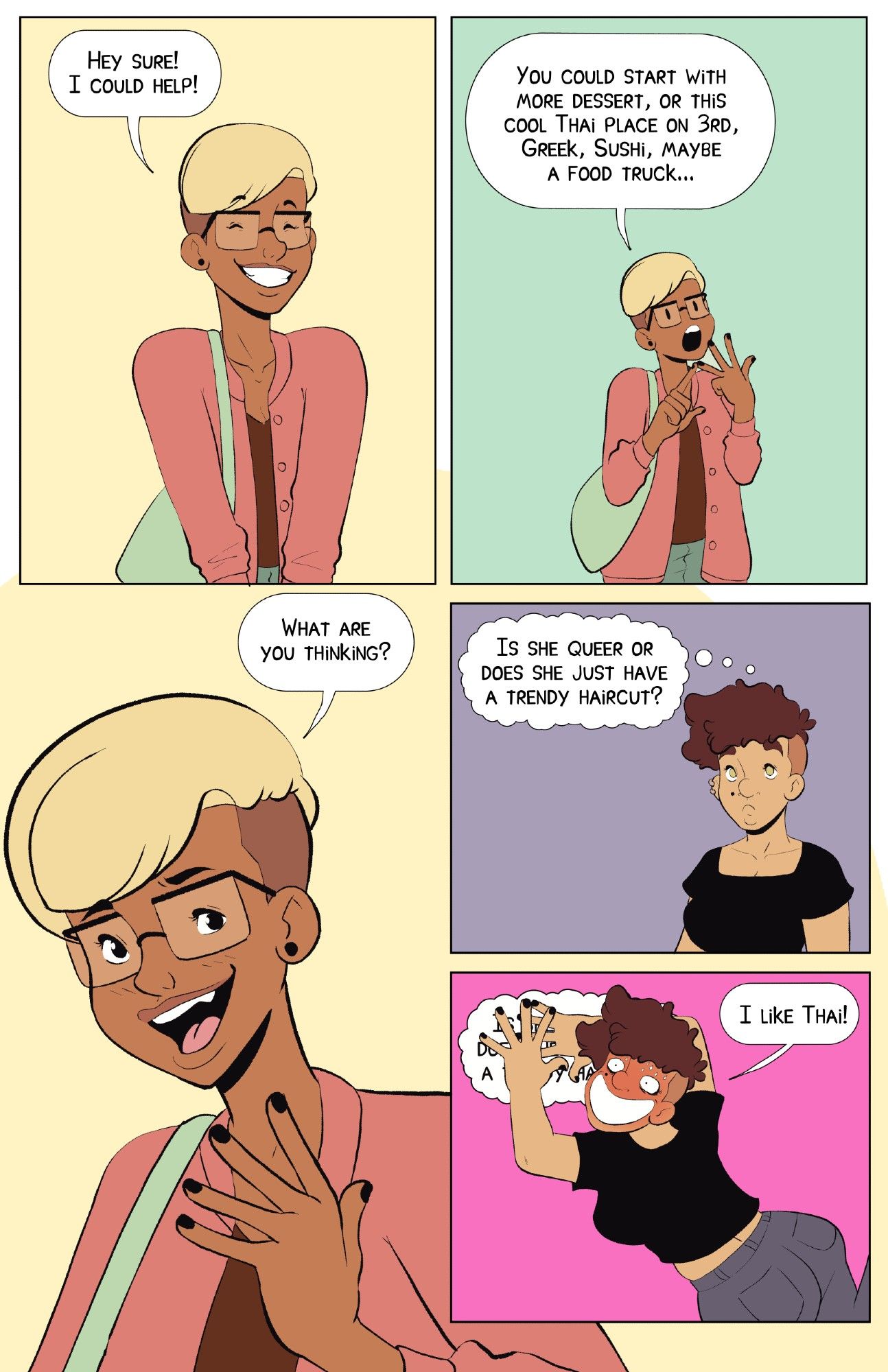 Comic page, a woman listing possible food places, other woman hides her gay thoughts