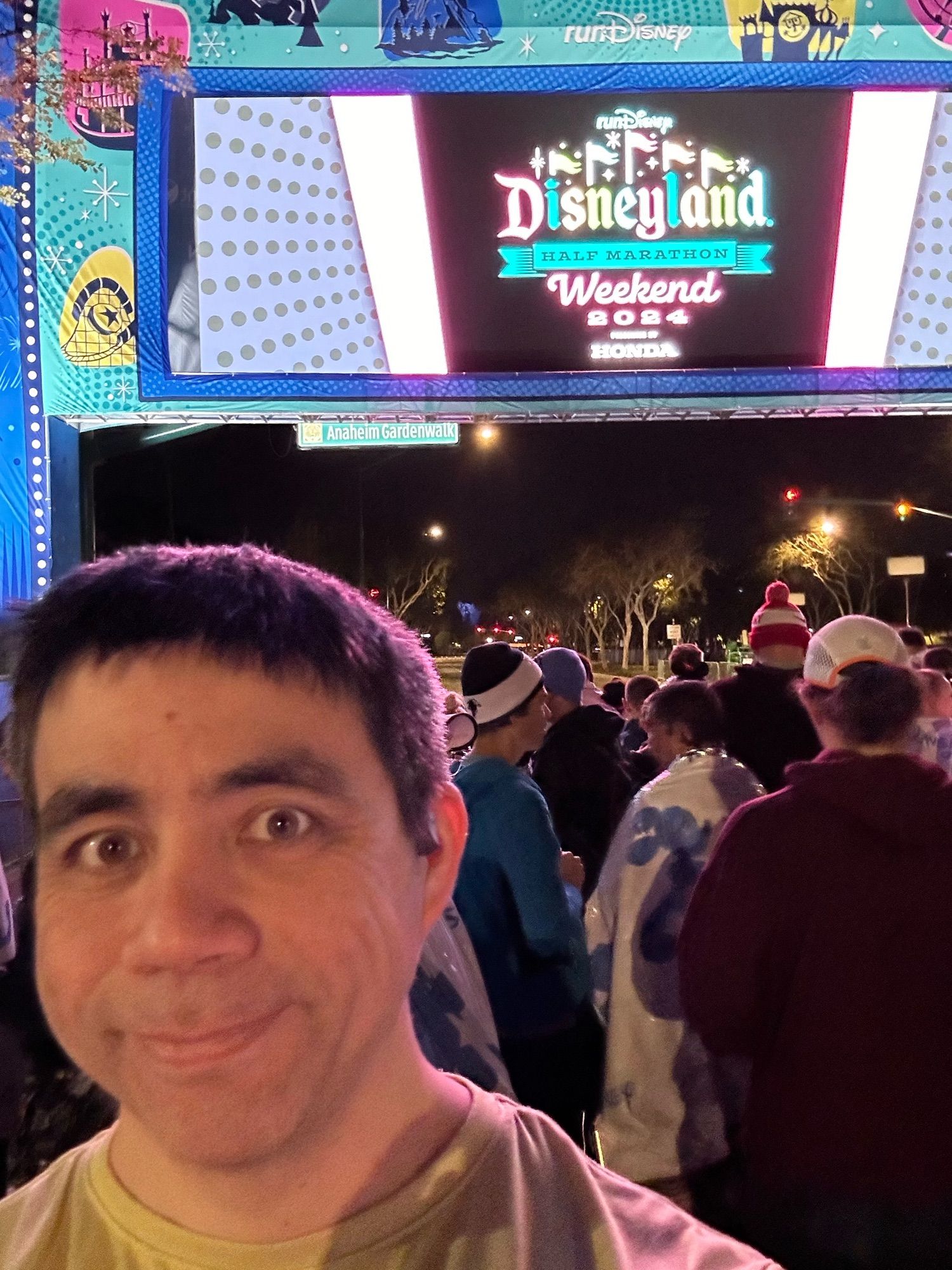 My goofy face in front of the Disneyland Half Marathon start line