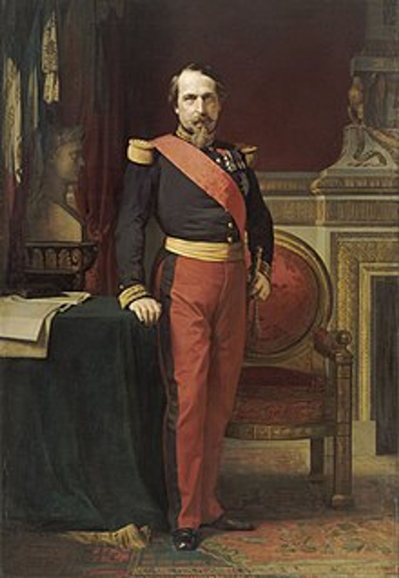 Portrait of Emperor of the French Napoleon III, wearing the uniform of a brigadier general and standing next to a bust of his uncle Napoleon I, in his office in the Tuileries, 1862.
Artist: Jean Hippolyte Flandrin

L'empereur est présenté en uniforme d'officier général, dans son grand cabinet des Tuileries, à côté d'un buste de son oncle Napoléon 1er et devant un fauteuil de représentation.