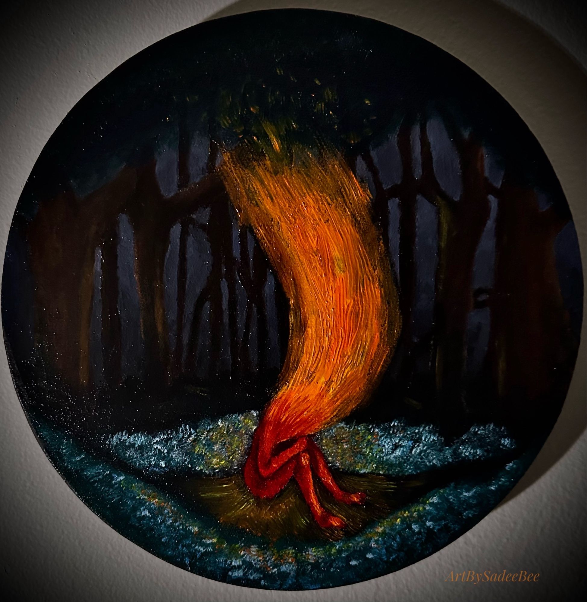 Image Alt: [A painting of a person sitting in the middle of a dark grove. Her body grows into fire. Lighting the plants and trees that surround her.]